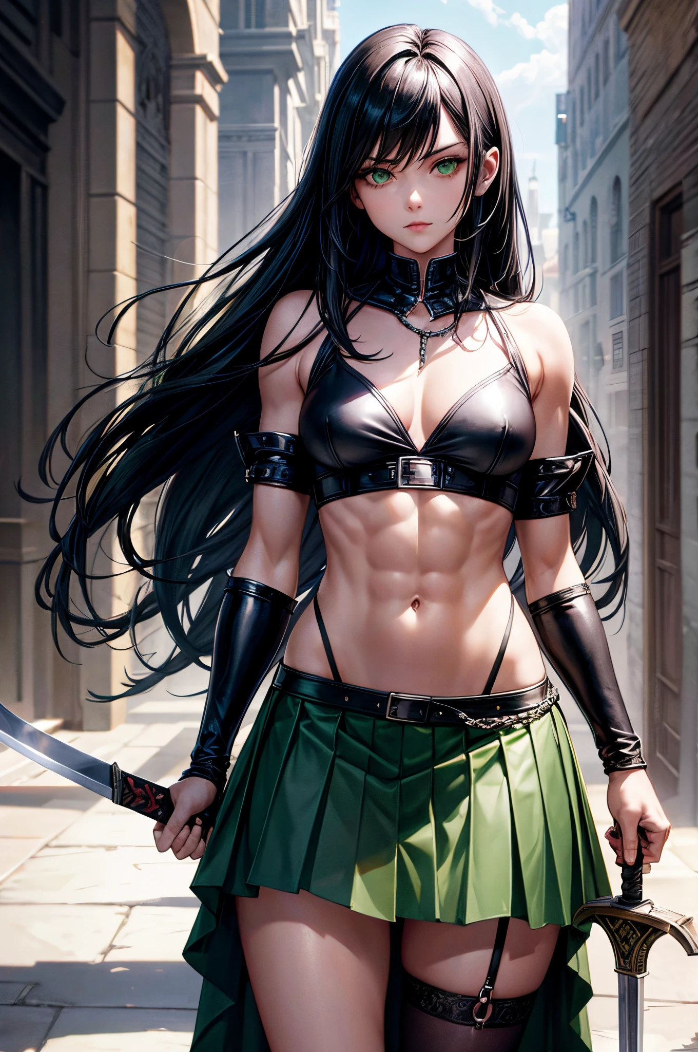 Black hair, green eyes, black skirt, stocking, nsfw, abs, androgynous, flat-chested, holding sword, medieval, chainmail