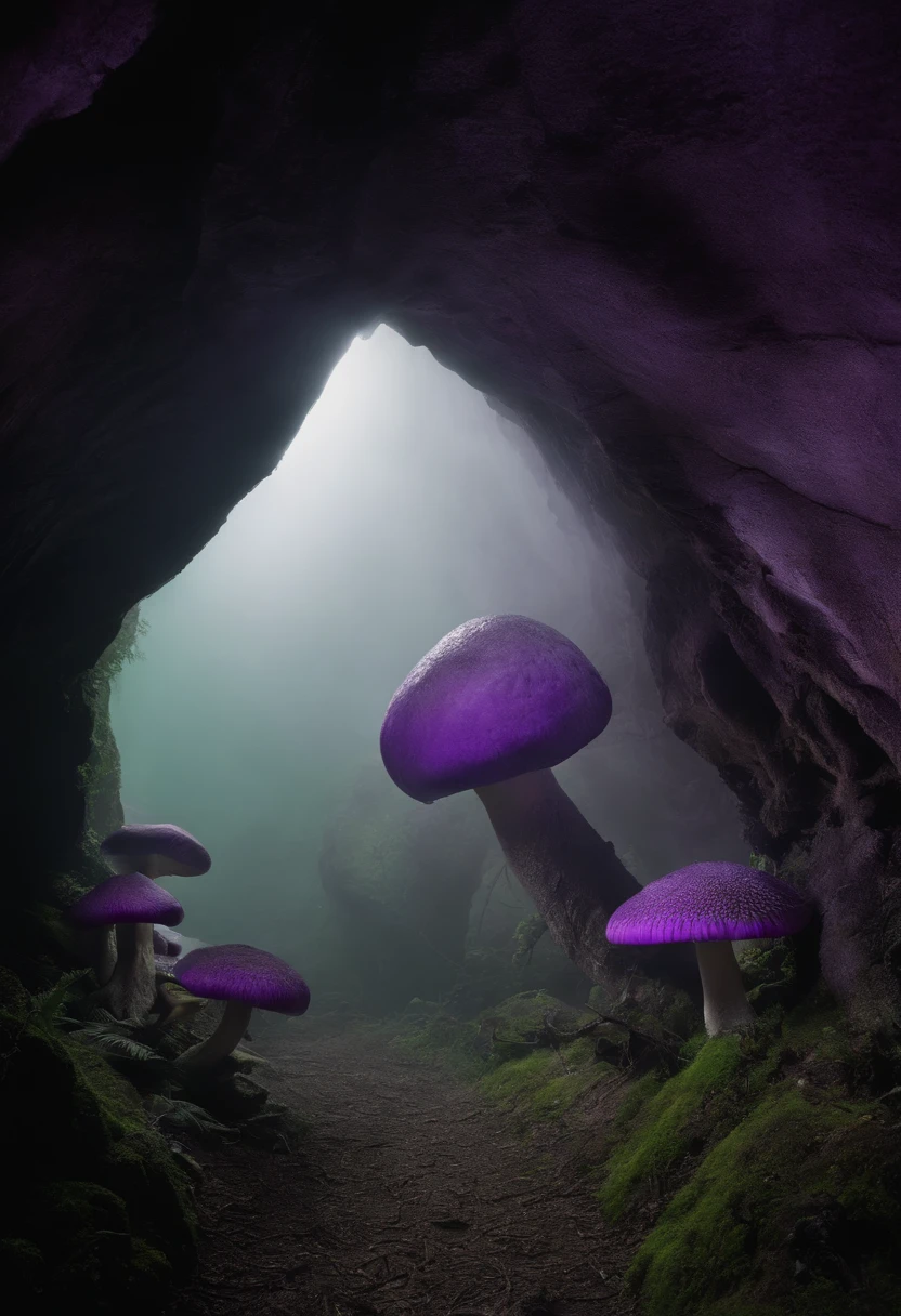 huge dark underground cave，Various purple mushrooms，There is a huge purple tree at the end of the cave，The roots spread all the way to the top，There is a huge object at the root of the tree，Creepy purple mushroom monster，There are various animal carcasses parasitized by mushrooms on the surrounding ground.........，Start standing up and walking slowly，terror，darkly，Ogre，in a panoramic view，oppression，immensity，subsurface，caves，speleothems