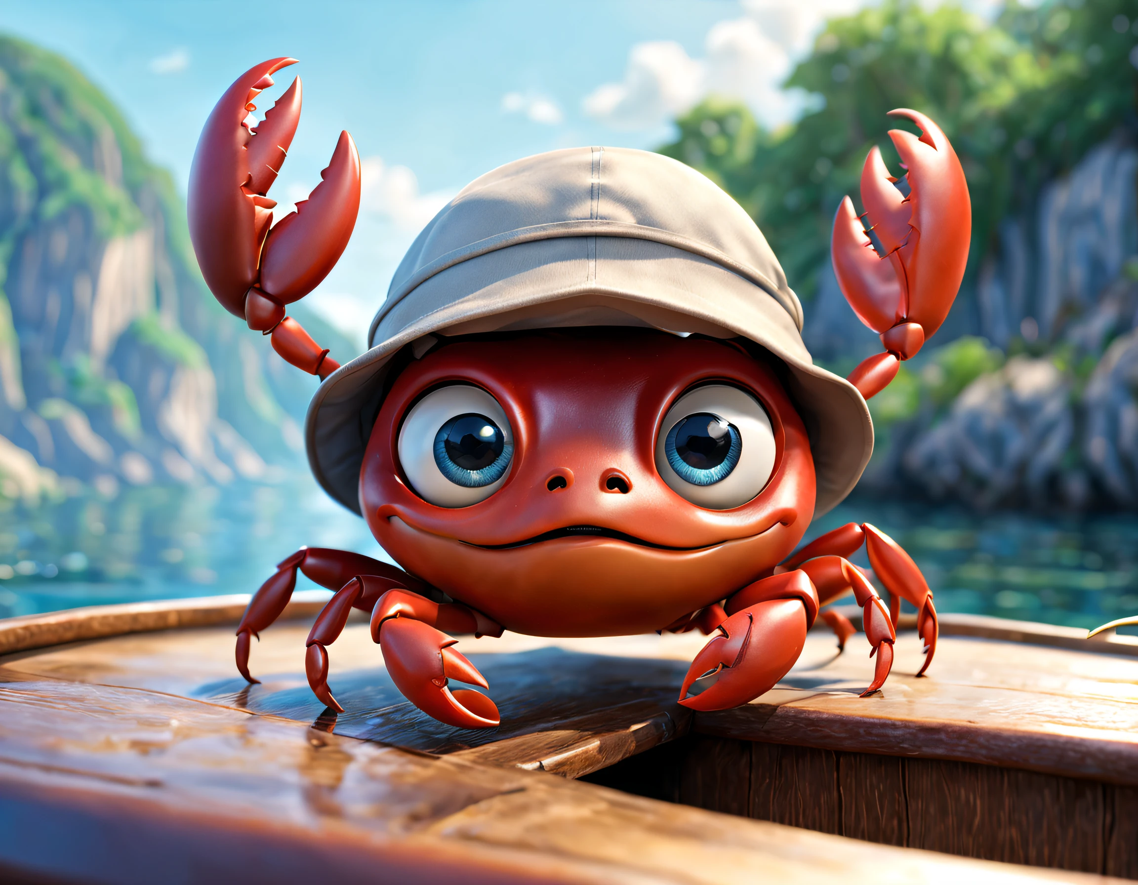 pixar-style, Super cute anthropomorphic little crab，Drive the boat carefully, big bright eyes, ，Wearing a fisherman's hat, Happy smile,optics ， Soft background delicate and delicate, Fairytale, hyper-high detail, pixar-style, vivd colour, Natural soft light, 3 Rendering, gorgeous one, ultra-wide-angle, 8K, HD realistic,