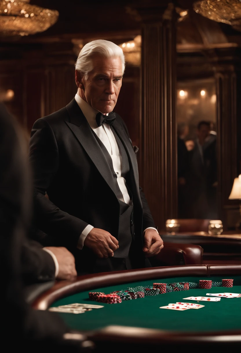 A photo of Logan indulging in a late-night game of high-stakes blackjack at an exclusive private club,original,Logan Roy, the fictional patriarch in “Succession,” possesses a commanding presence, characterized by his tall stature, sharp suits that speak to his power and wealth, and an often stern, unyielding facial expression. His aging appearance, marked by a full head of white hair and a penetrating gaze, adds to his intimidating demeanor.