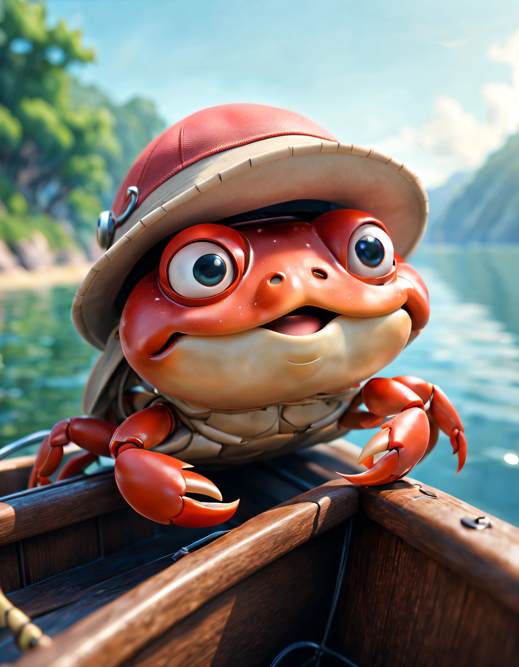 pixar-style, Super cute anthropomorphic little crab,Drive the boat carefully, big bright eyes, ,Wearing a fisherman's hat, Happy smile,optics , Soft background delicate and delicate, Fairytale, hyper-high detail, pixar-style, Vibrant colors, Natural soft light, 3 Rendering, gorgeous one, ultra-wide-angle, 8K, HD realistic,