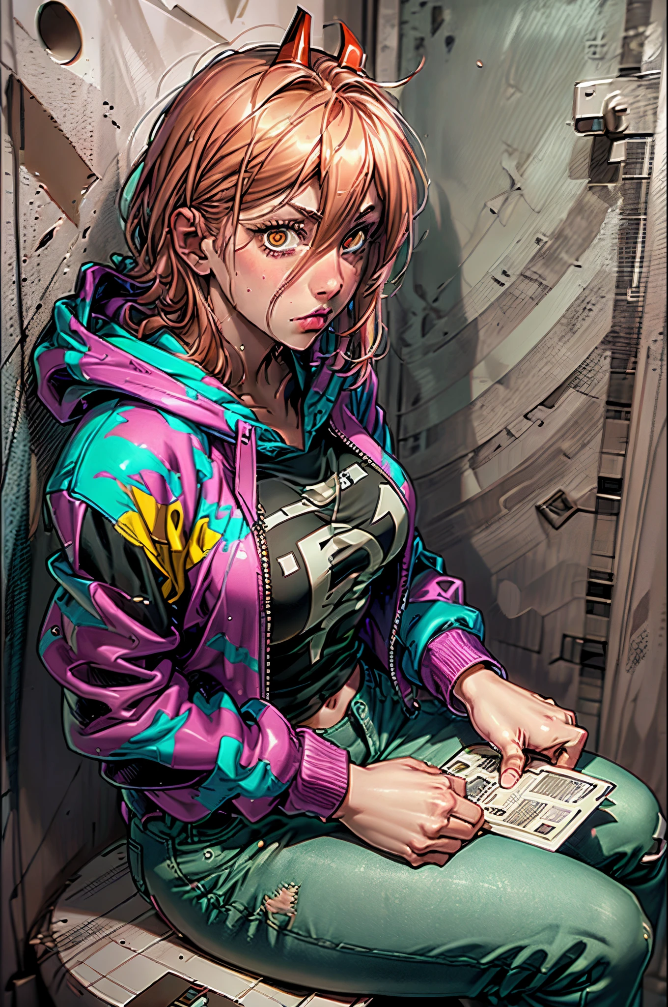 high res, detailed, power from chainsawman, person sitting in a toilet cubicle, gripping their own breast, holding a magazine in the other hand, wearing a pink low-cut hoodie and black jeans, looking up at the viewer, dramatic lighting, intense and vibrant colors