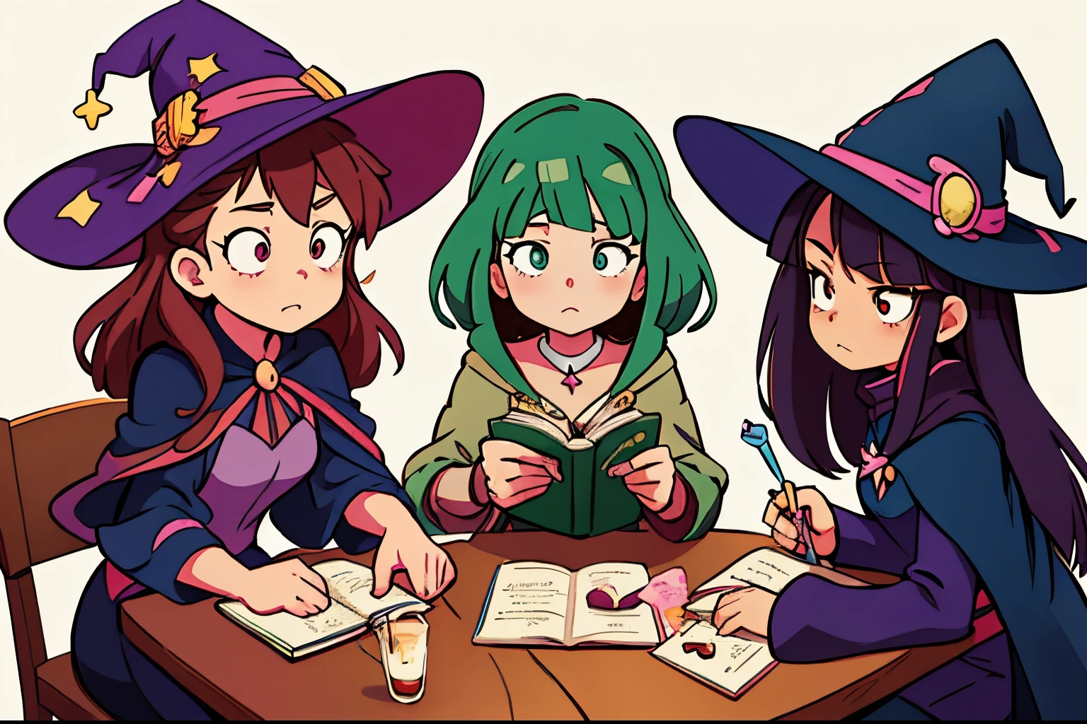 three girls sitting at a table with books and a cup of coffee, witch academia, little witch academia, witches, anime party of friend of wisdom, roleplaying, official fanart, casting spells, mages, flirty anime witch casting magic, ddlc, 2 d anime style, making a potion, witchcraft!, cute art style, anime art style, anime style illustration