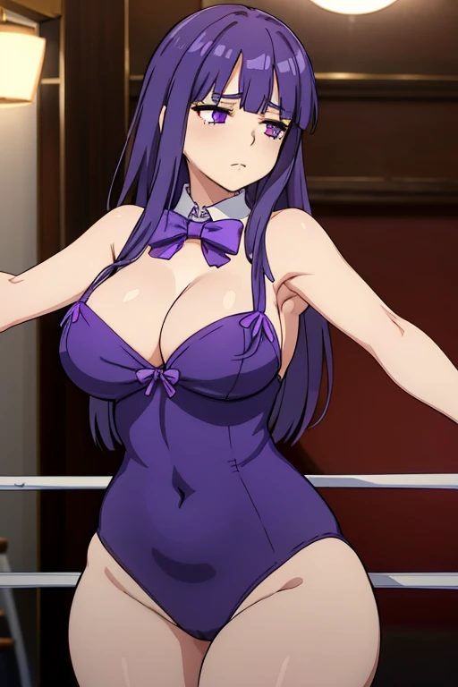 (masterpiece),best quality, frederica bernkastel, dress, bowtie, purple eyes, purple hair, ((Tight leotard)), ((sexy pose)), ((Wrestling ring)), (Big tits), (Wide hips), inexpressive, empty eyes, blank eyes, bored, looking at the viewer, (side view;1.5),