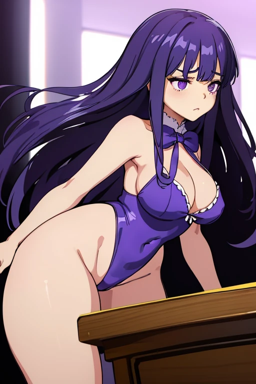 (masterpiece),best quality, frederica bernkastel, dress, bowtie, purple eyes, purple hair, ((Tight leotard)), ((sexy pose)), ((Wrestling ring)), (Big tits), (Wide hips), inexpressive, empty eyes, blank eyes, bored, looking at the viewer, (side view;1.5),