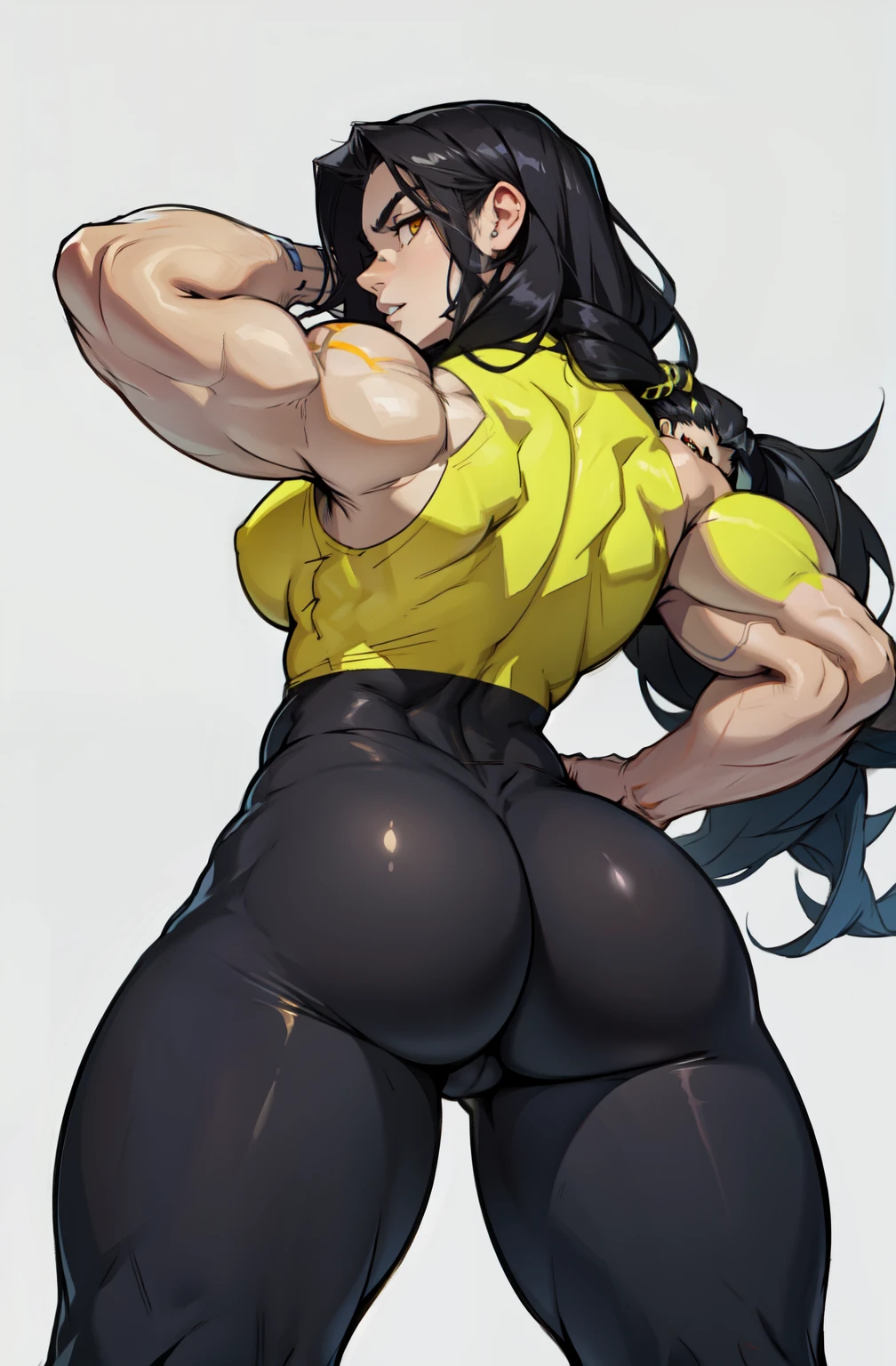 huge ass 1girl pale skin muscular toned body black hair yellow eyes long hair huge muscles leggings muscles simple background ((from below))