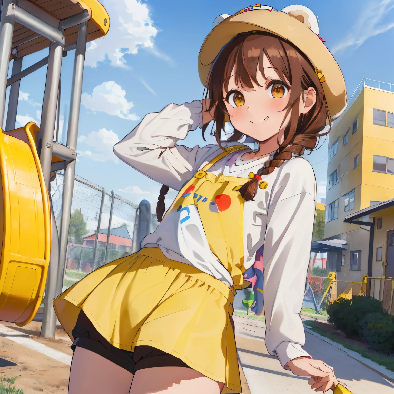 (A schoolyard with lots of play equipment for children),((A building with a colorful and cute exterior)),Fluffy hair,dark brown hair,((Braided shorthair)),Slightly red tide,((Brown eyes)),((Pure white long sleeve T-shirt)),Apron with bear print,((Culotte type shorts)),Kindergarten Teacher,(kindergarten),((kindergarten yellow hat)),10kids,kindly smile,