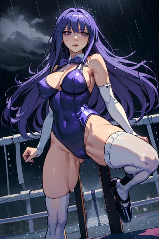 (masterpiece),best quality, frederica bernkastel,dress, tail bow, cat tail, bowtie, purple eyes, purple hair,mary janes, socks, blank eyes, empty eyes, (raining day:1.2), ((Tight leotard)), ((sexy pose)), ((Wrestling ring)), (Big tits), (Wide hips), wet clothes