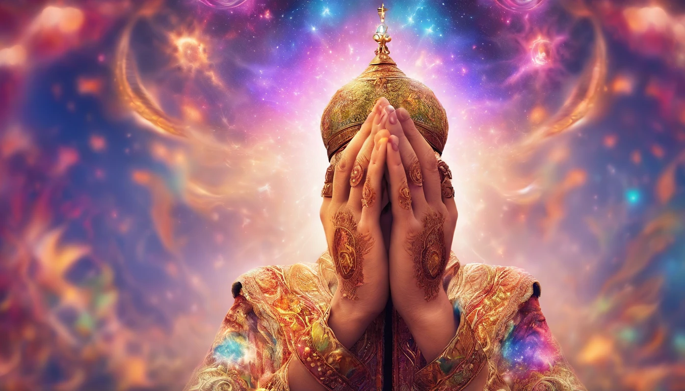 (Allah hands in a prayer position:1.5), (Close-up of the hand:1.5), (Colorful nebula:), vibrante colorsa colorslashh An explosion of colors, complex stuff around, intricate in the background, Spiritual, divine, dreamlike, god, pineal gland, dream like, (extremely detailed CG unity 16k wallpaper:1.1), (Denoising strength: 1.45), (tmasterpiece:1.37), UHD), prayer hands, blessing hand, solemn gesture, praying pose, hyper realistic, god rays, ray tracing, ray tracing, UHD, award winning, award winning