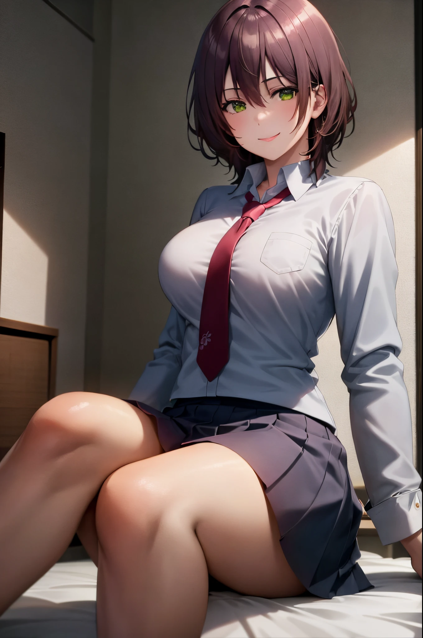 masterpiece, (best quality),1girl, aoihinami, short hair, green eyes, white shirt,school uniform,sexy woman,jacket, necktie, collared shirt,closed clothes, flirty, smile, hair between eyes, sitting on bed, ,natural lighting, beautiful, (detailed face:1.2), (perfect eyes:1.1), looking a viewer, bedroom,