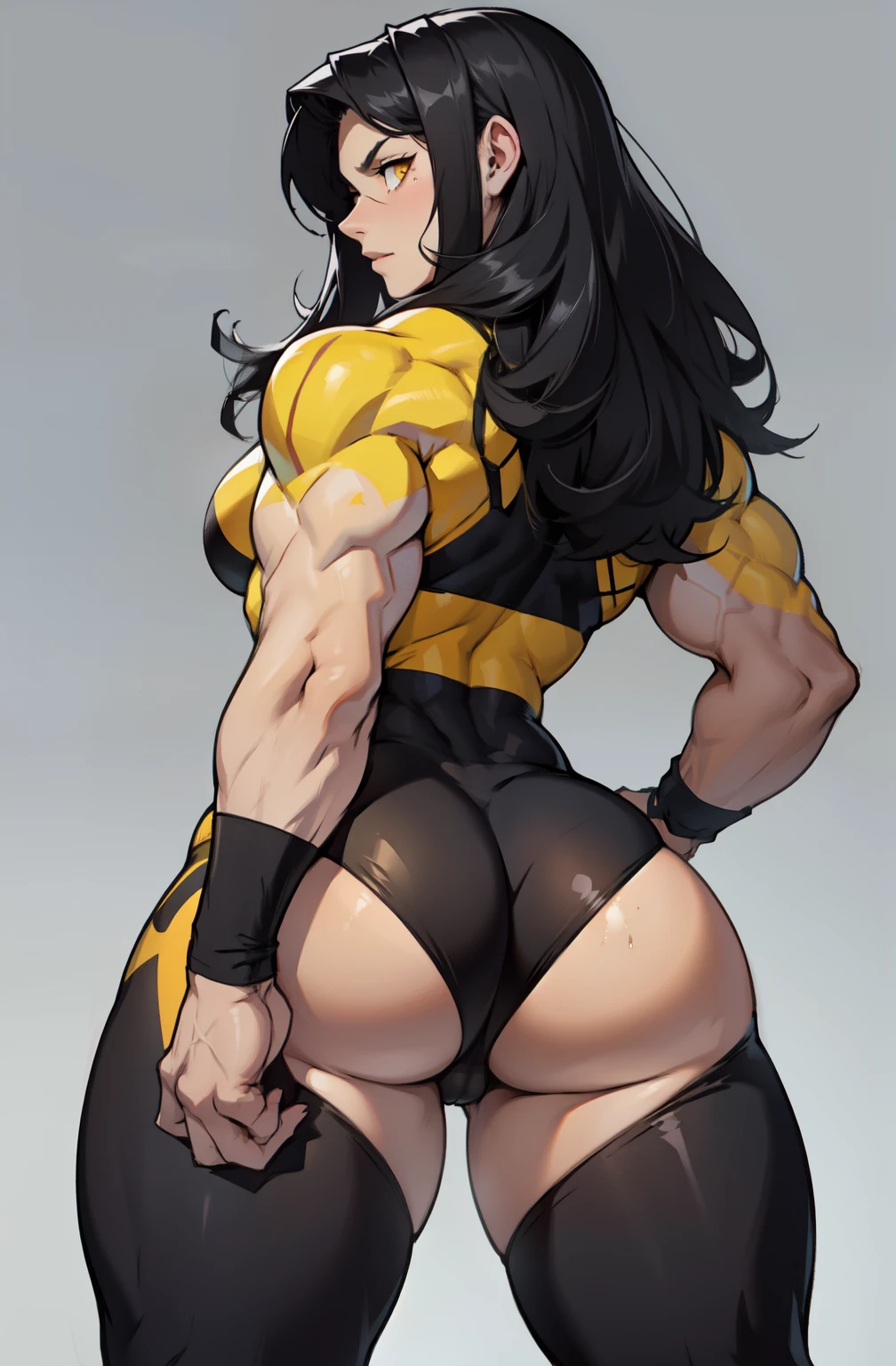 huge ass 1girl pale skin muscular toned body black hair yellow eyes long hair huge muscles leggings muscles simple background ((from below))