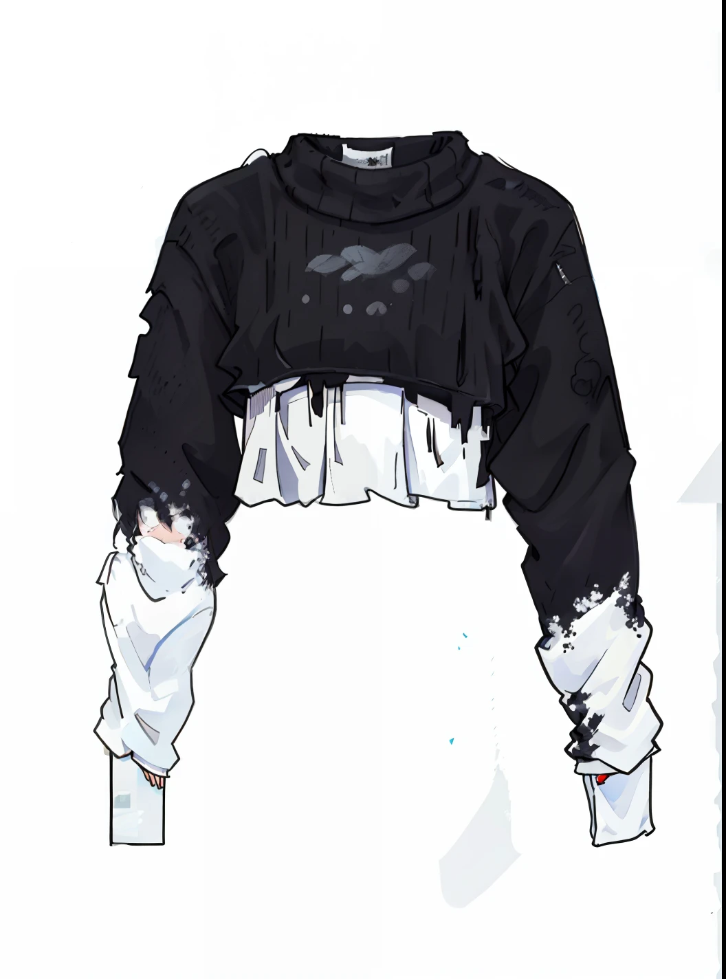 a close up of a sweater with a tie dye pattern on it, black wool sweater, off - white style, off - white collection, off-white, off - white, young lady, black sweater, '20, offwhite, black & white, black and whitehighly detailed, (fire), cropped wide sleeve, drip, off white, black white 2D shirt drawing shirt drawing 2d