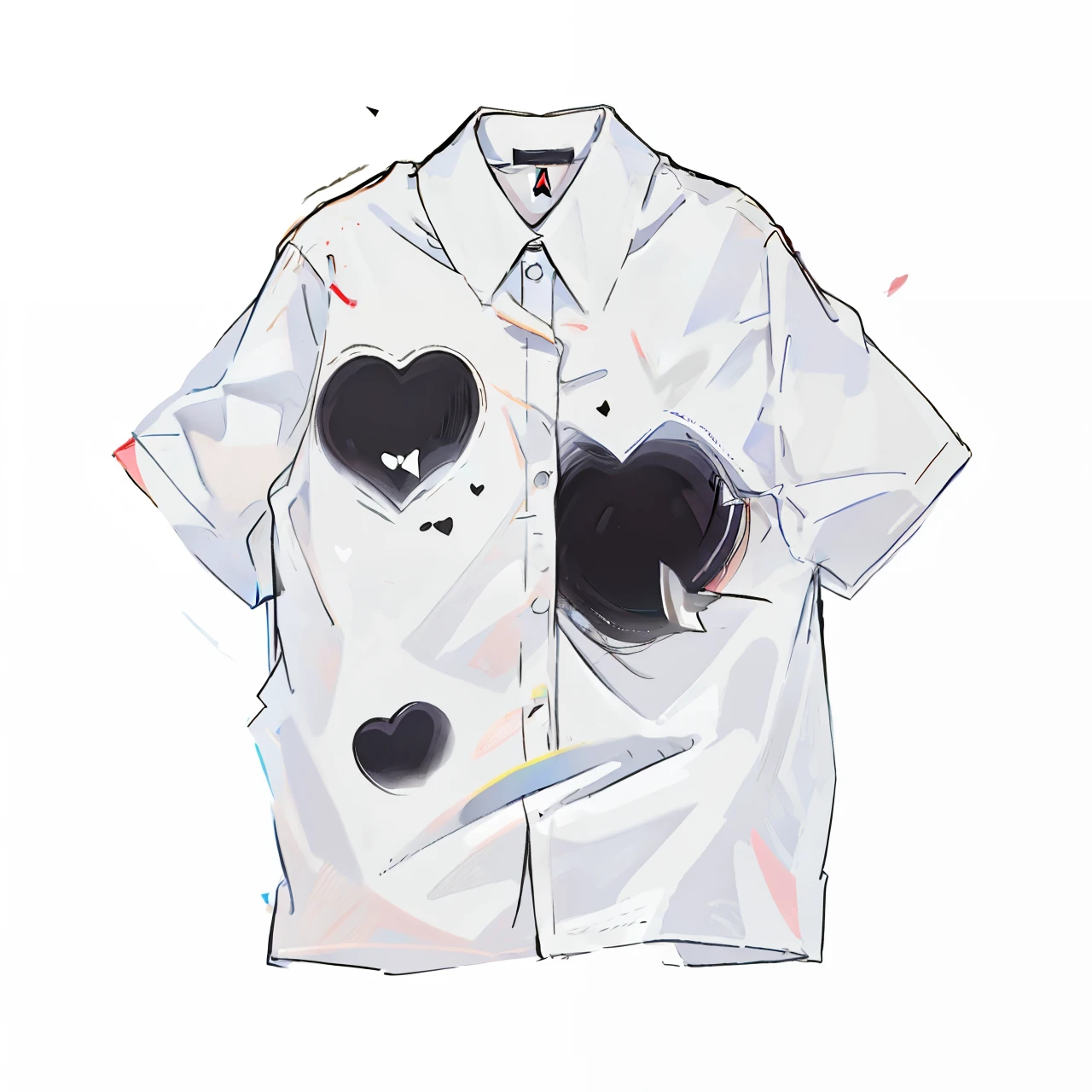 a white shirt with black hearts on it, by Shinoda Toko, short sleeves, summer shirt, black and white with hearts, shirt art, naoya tanaka, paru itagaki, by Awataguchi Takamitsu, shirt, white and black clothing, y2k, eiko ishioka, y 2 k, shusei nagaoka 2D shirt drawing shirt drawing 2d