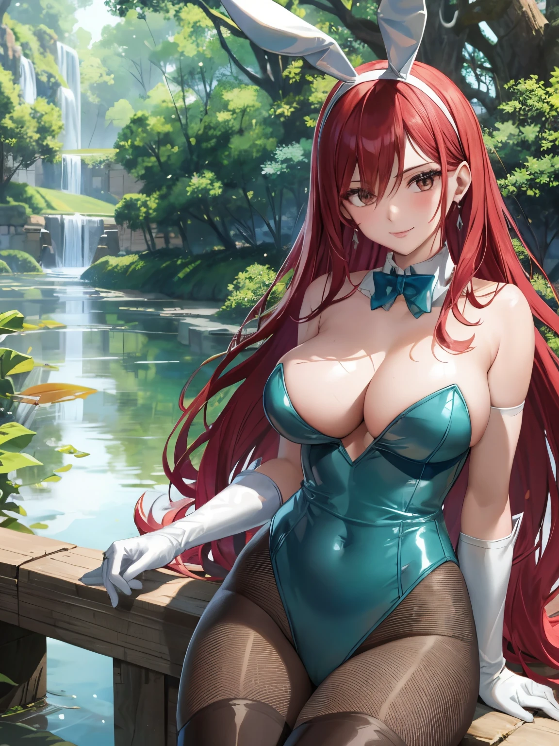 erzascarlet, red hair, brown eyes, 1girl, solo, breasts, looking at viewer, blush, large breasts, nature, pond, trees, park, long white elbow satin gloves, holding, animal ears, cleavage, bare shoulders, jewelry, very long hair, gentle smile, pantyhose, earrings, rabbit ears, green leotard, fake animal ears, playboy bunny, long white gloves