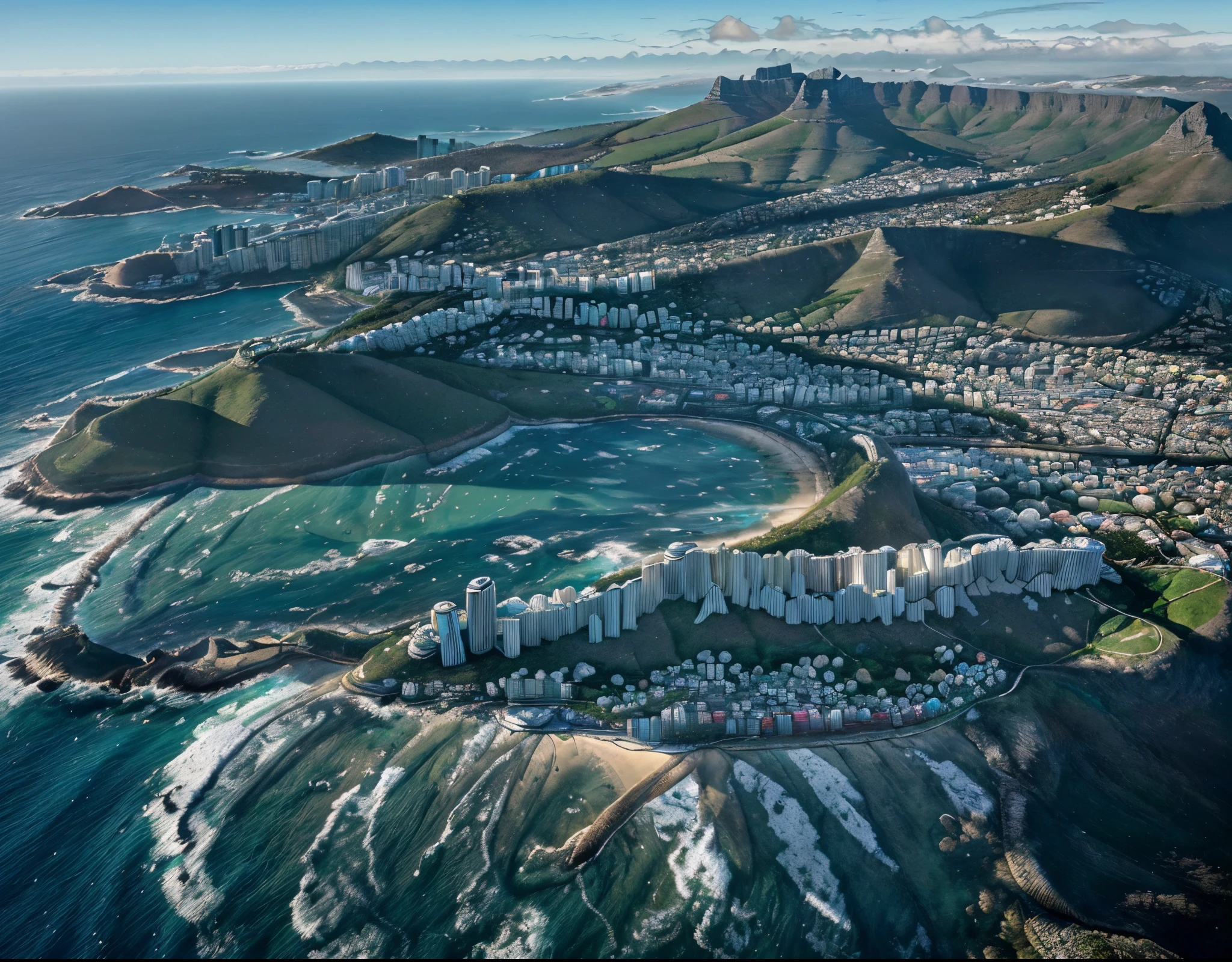 From the peak of Table Mountain, the breathtaking view of Cape Town and the vast ocean unfolds before your eyes. This vivid image, captured in a masterfully composed photograph, showcases the city's vibrant energy and the majestic expanse of the ocean. The cityscape below is a vibrant tapestry of architectural marvels, bustling streets, and lush greenery. The ocean, with its shimmering azure waves, stretches endlessly towards the horizon, creating a sense of infinite beauty and tranquility. This impeccably detailed image beautifully encapsulates the awe-inspiring grandeur of Cape Town, leaving viewers awe-struck by its sheer magnificence.