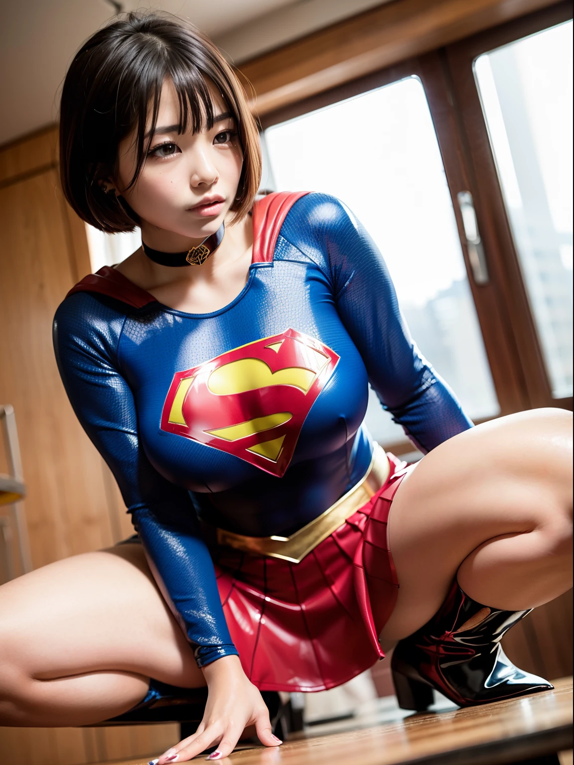 masterpiece,Short-haired supergirl spreading her thighs on a school desk、large full breasts、Looking at the camera、Glossy enamel costume、Glossy bright red enamel long boots、shiny red enamel skirt、a choker、Glimpse、Fluttering cloak、seduces、sexypose、shame、Insults、insult、cum on、Fayue、ecstacy、radical、Stimulating、glamor、highleg、crouching down、Large open legs、