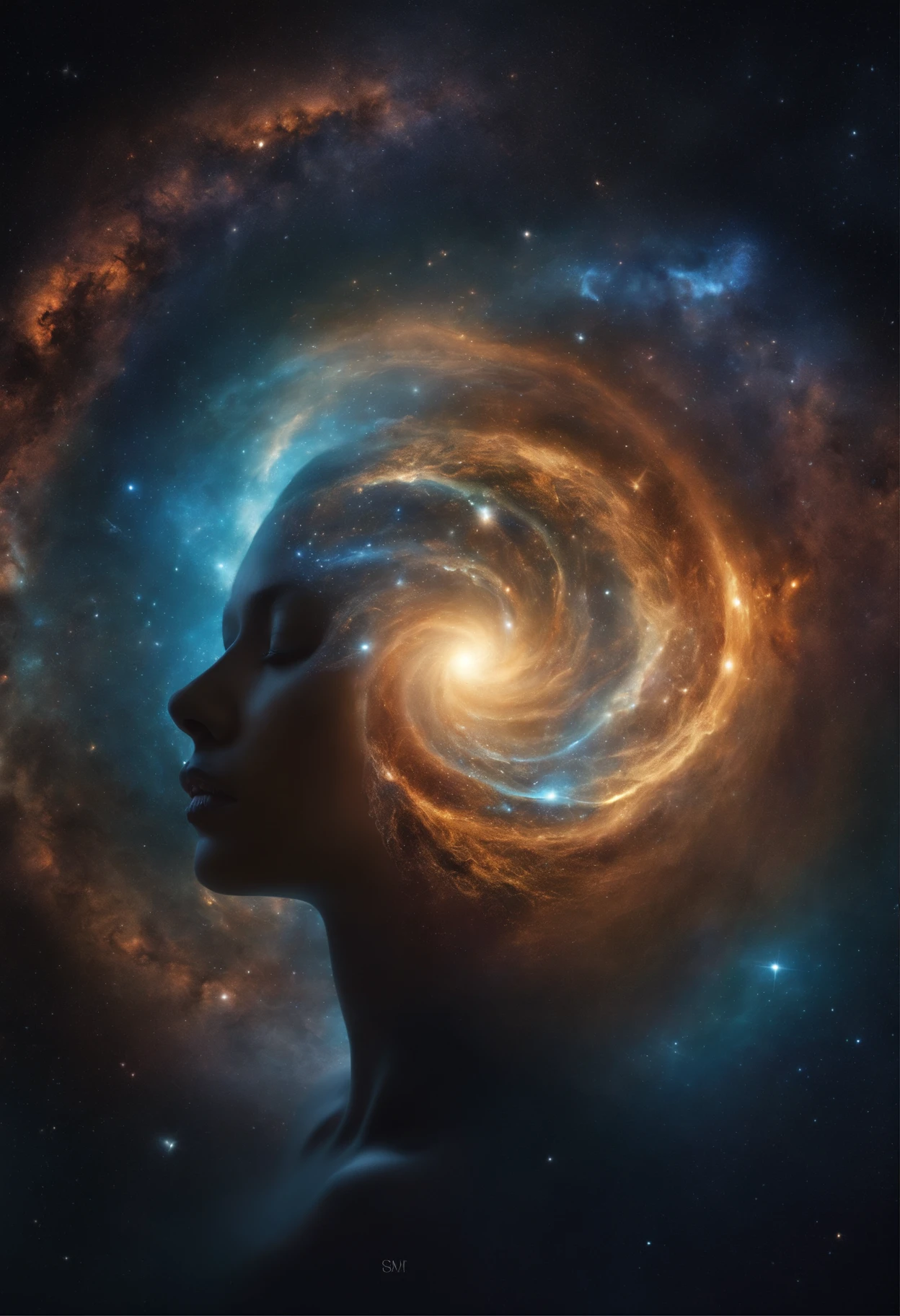"Cosmic Essence Incarnate: Craft an image that envisions the cosmic as a human being. Picture a figure whose essence is intertwined with the universe, radiating cosmic energy and wonder. Highlight elements like swirling galaxies, stars, and nebulae within their form. Use a celestial color palette that blends deep space hues with ethereal glows. The image should evoke a sense of transcendence and infinite possibility, offering viewers a glimpse of the universe's mysteries embodied in human form. 8K UHD, intricate cosmic details, celestial color palette, and an atmosphere of cosmic wonder."