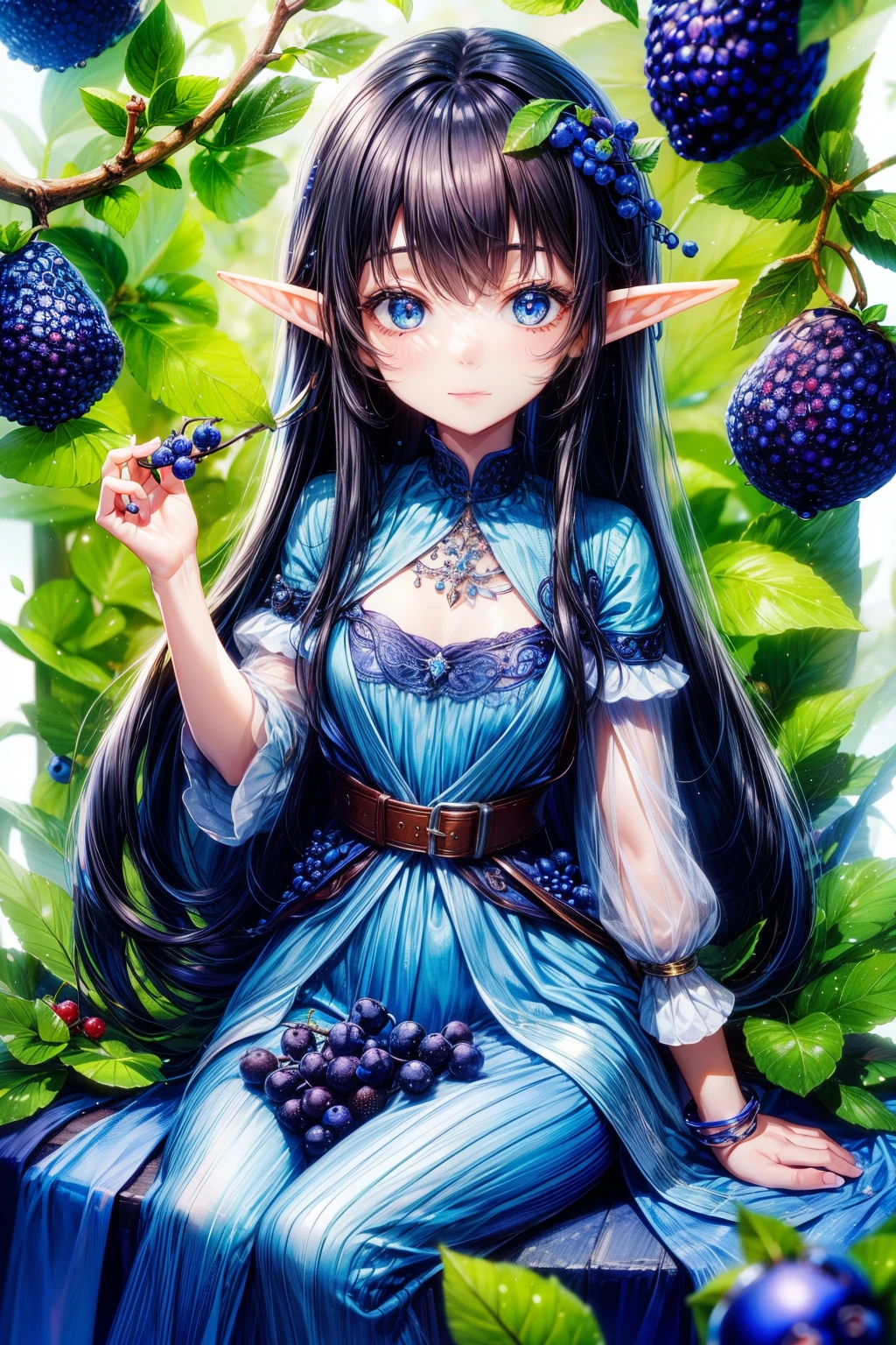 1 Fairy, ((blue berry,those fruits)),white backgrounid, black hair color hair,