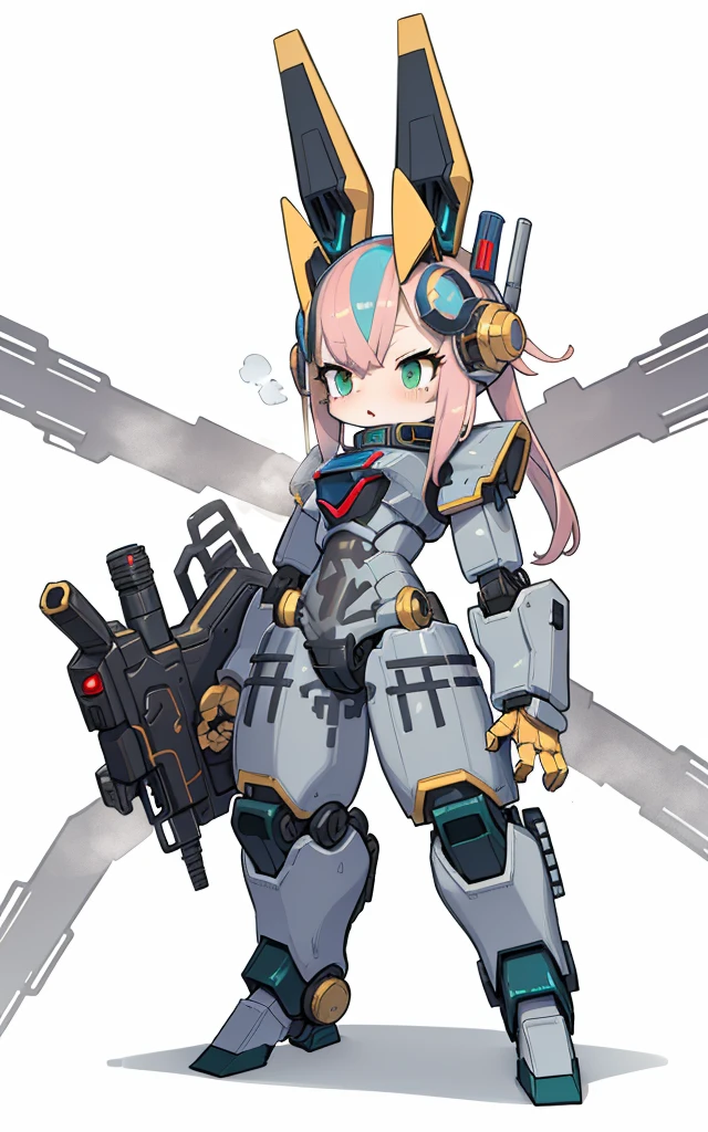 Cartoon image of robot rabbit holding gun, The hair is green, The breasts are pink, Rounded chest, mecha cyber armor, gear wheel, Rich steampunk themes, steam engine, Cool mech style, Mecha suit, Full robot full body mecha suit, wearing cyber armor, anime mecha armor,golden armour, Complex assassin mecha, adorable expression, shyexpression, Mecha Inspiration, Spatial perspective, The vision becomes blurred