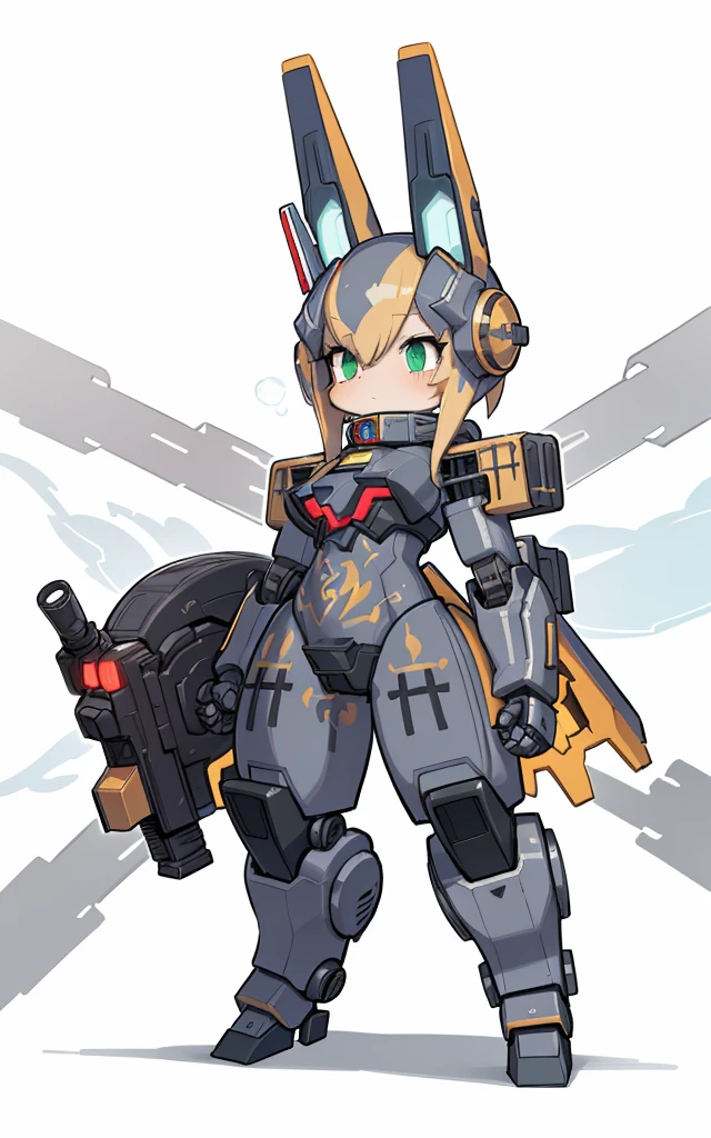 Cartoon image of robot rabbit holding gun, The hair is green, The breasts are pink, Rounded chest, mecha cyber armor, gear wheel, Rich steampunk themes, steam engine, Cool mech style, Mecha suit, Full robot full body mecha suit, wearing cyber armor, anime mecha armor,golden armour, Complex assassin mecha, adorable expression, shyexpression, Mecha Inspiration, Spatial perspective, The vision becomes blurred