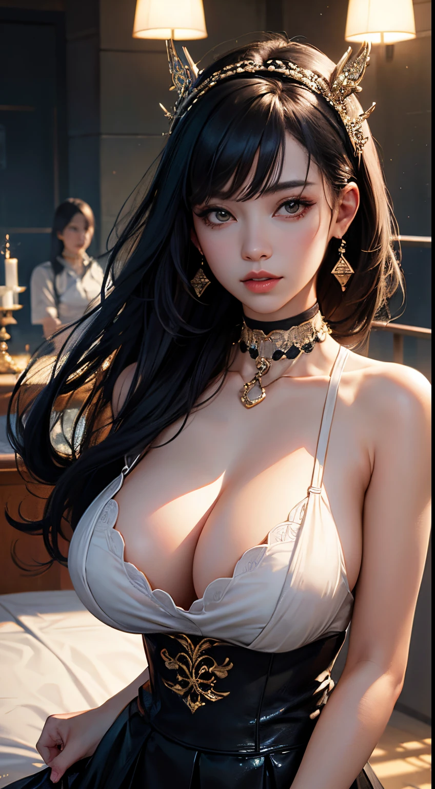 Best quality, tmasterpiece, A high resolution, one-girl, On the cheongsam, Headgear, choker necklace, jewely, Nice face, more than_body, dingdall effect, realistically, dark studio, edge lit, Two-tone lighting, (HD skins: 1.2), 8k ultra high definition, SLR camera, gentlesoftlighting, high high quality, Volumetriclighting, Frankness, photography, A high resolution, 4K, 8K, bokeh,Colossal tits,Huge cleavage