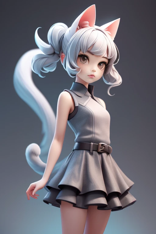 (tmasterpiece, Best quality at best, A high resolution: 1.2), 1 girl, Alone, dual horsetail, Has gray eyes, Upper part of the body, a skirt, silber hair, Cat ears