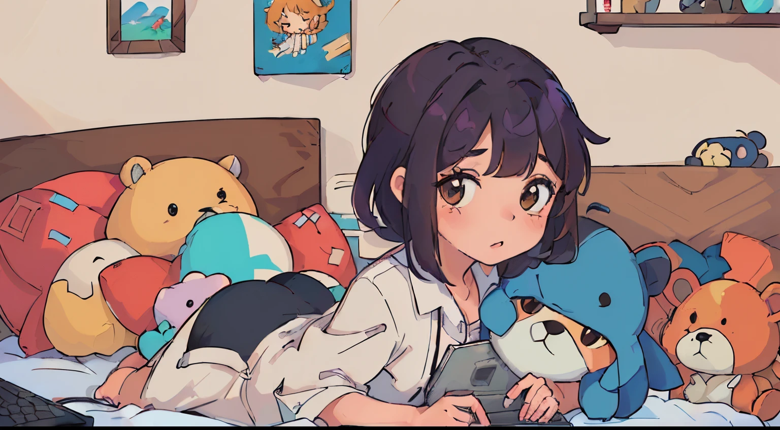 (((master part, best quality)), Create an illustration of a little girl, ((mechendo no computador)),  sentada em uma cadeira, ((stuffed animals in bed)), dentro de um quarto, ((corpo inteiro))