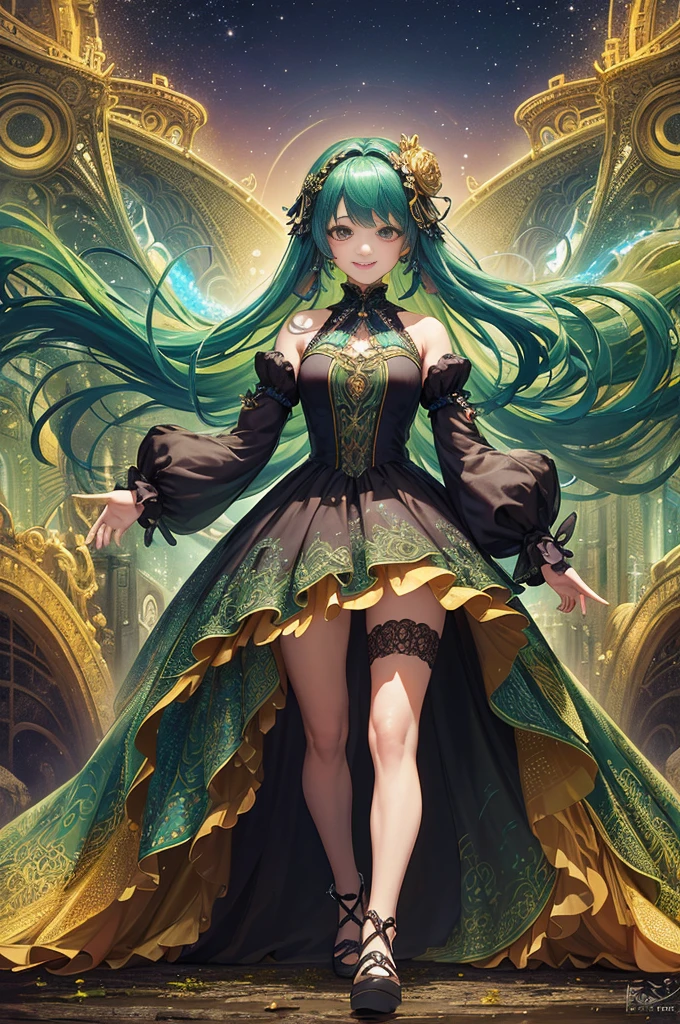 (​masterpiece、top-quality、top-quality、Official Art、Beautifully Aesthetic:1.2)、(1girl in)、(a smile)、lightpainting、(long exposure time:1.2)、dynamic streaks、Extreme details、(Fractal art:1.3)、colourfull、highestdetailed、（Mesh Dress）,jewely、florals、Leprechaun、The upper part of the body