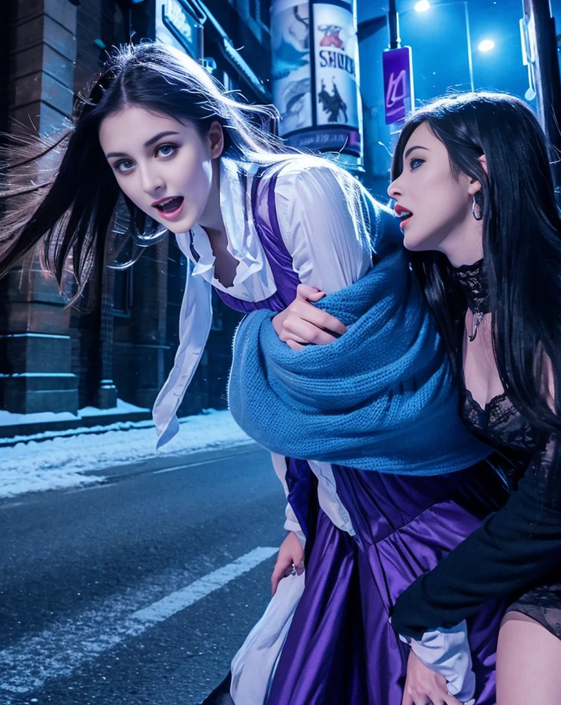 long shot. high action. modern gothic horror painting in shades of blue and purple. snowy, deserted London street at midnight. (2girls) a slender, pale black-haired woman, with a bony face, wearing a tattered purple Victorian dress in high action face-to-face battle with an evil blonde vampire, fangs exposed, dressed in skin-tight white nightgown. [cars: 1.3] [technology: 1.3]