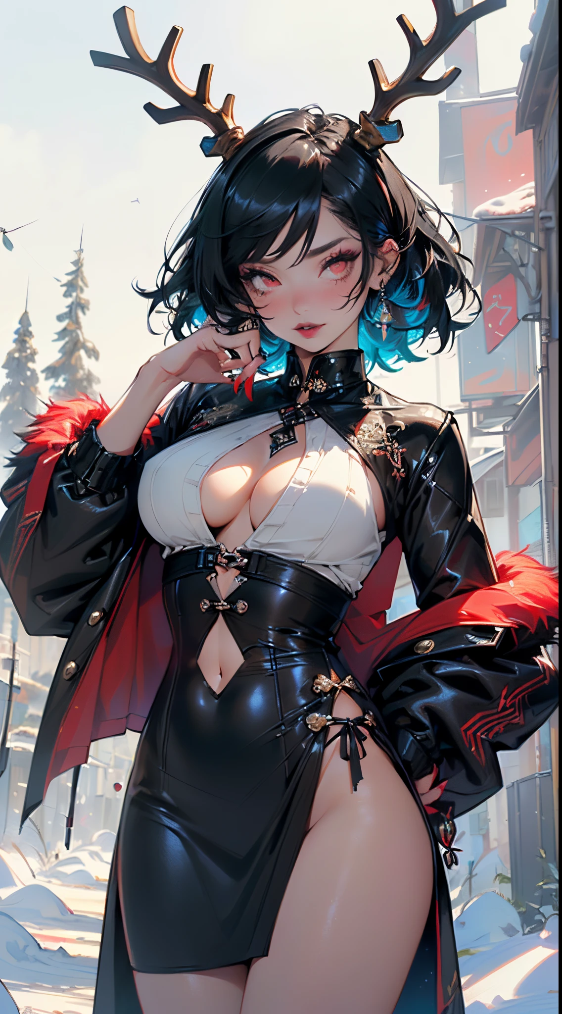 gothic reindeer girl,(((1girl))),((extremely cute and beautiful black haired anime gothic reindeer girl)),

(((anthro furry:1.2), Playboy_Reindeer, reindeer_antlers,(huge antlers:1.2,dear antlers:1.2,blooming antlers:1.2))),(large breasts:1.4),saggy breasts,((((black undercut hair:1.35,short hair,colored inner hair,ear breathing)))),(((red_eyes:1.3))),intricate eyes,beautiful detailed eyes,symmetrical eyes,big eyes:1.5,(((lustrous skin:1.5,bright skin: 1.5,skin tanned,shiny skin,very shiny skin,shiny body,plastic glitter skin,exaggerated shiny skin,illuminated skin))),(spider lower abdomen,narrow waist,wide hip,athletic body,inflated legs,detailed body,(detailed face)),

cute,slutty,seductive,erotic,(((nsfw))),

zettai ryouiki,revealing clothing,show skin,(((Sexy goth fur coat, goth fur coat outfit, wearing a goth fur coat:1.3,dark red winter coat))),((red goth mini-skirt,red goth mini skirt with furry edge,visible thong straps, navel)),((underpants strap)),(red gothic clothes,semi-naked,with little goth clothing),((((Black Eyeshadow,Thick Black Eyeliner,Long Dramatic Eyelashes,Black Lips))),(playing a harp:1.3),(((intricate outfit,intricate clothes,embroidered outfit,ornate outfit))),

(dynamic pose:1.0),embarrassed,(centered,scale to fit dimensions,Rule of thirds),

((snowy pine forest at night)), with dark stormy clouds,winter,scenery:1.25,((snow forest background)),Christmas tree,

highres,sharp focus,(ultra detailed,extremely detailed),(photorealistic artwork:1.37),(extremely detailed CG unity 8k wallpaper),(((vibrant colors,vibrant theme))),(intricate),(masterpiece),(best quality),