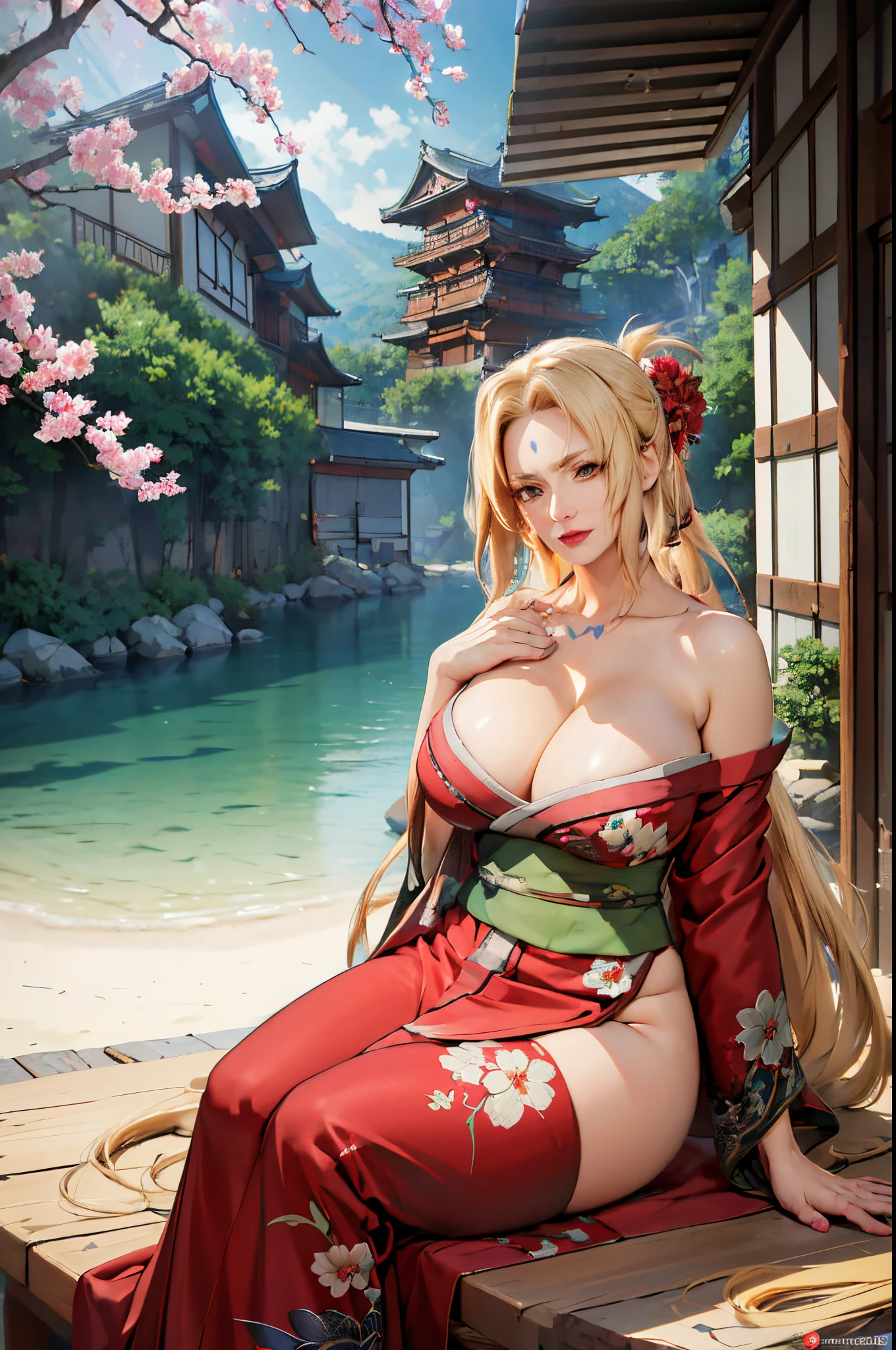 best quality, masterpiece, 1girl, (solo:1.1), raytracing, ultra detailed,detailed face, 8k wallpaper, smile, wide hips, TsunadeNDV, gigantic breast, (long hair:1.1), blonde hair, looking at viewer, collarbone, green japanesse clothes and kimono, cleavage, sitting, outdoor, mature female, , detail japanesse village background, (masterpiece, best quality:1.2),(8k,highres,RAW photo,realistic,photo-realistic:1.3),(detailed skin texture,detailed cloth texture,beautiful detailed face:1.25),professional lighting,photon mapping,beautiful soft light,radiosity,physically-based rendering,model shoot style, model shoot style, (extremely detailed CG unity 8k wallpaper), full shot body photo of the most beautiful artwork in the world, complex 3d render ultra detailed, looking at viewer, 50 yo, milf, wet hair, real human skin, vibrant details, hyperrealistic, beautiful, octane render, 8k, best quality, masterpiece, an extremely delicate and beautiful, extremely detailed ,CG ,unity ,wallpaper, (realistic, photo-realistic:1.37),Amazing, finely detail, masterpiece,best quality,official art, extremely detailed CG unity 8k wallpaper ,extreme detailed eyes, (perfect face), shiny skin, colorful, highest detailed, vibrant colors, ultra high res, (high contrast), intricate, lens flare,