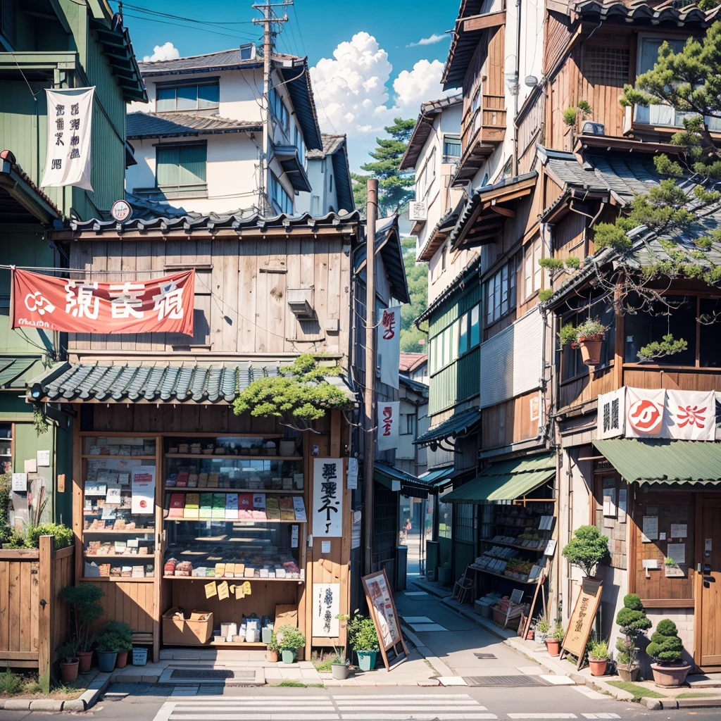 sunny, beautiful weather. modern Japanese city street, japanese shop. Best quality. No one in sight. Anime. Anime style. lofi. dramatic weather. wide view, wide angle. Next to street. Modern village