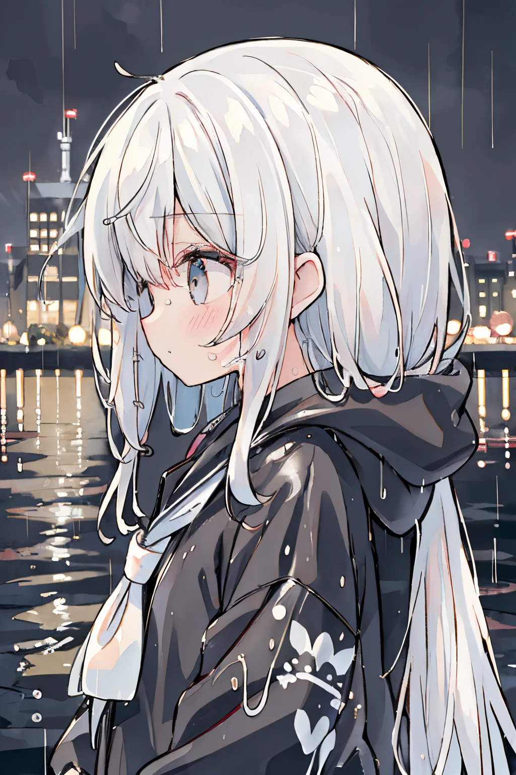 absurderes, hight resolution, (Anime style:1.1), ((masutepiece)), ((Best Quality)), (Ultra-detailed), (Beautiful),Beautiful face、(liftup),Cute little girl s、Wet hair、My hair is wet、Long、White hair、Black jacket、cool jacket、Rain、Wearing a hood、I have my hands in my pockets、night cityscape、neons、near future(((neons、Hair is wet、Wet hair、Rain、rain is falling、Sateen)))、natta、((a sailor suit))Black sailor suit、I'm sitting、(((((Lateral face、profile、)))))((((((((The upper part of the body))))))))