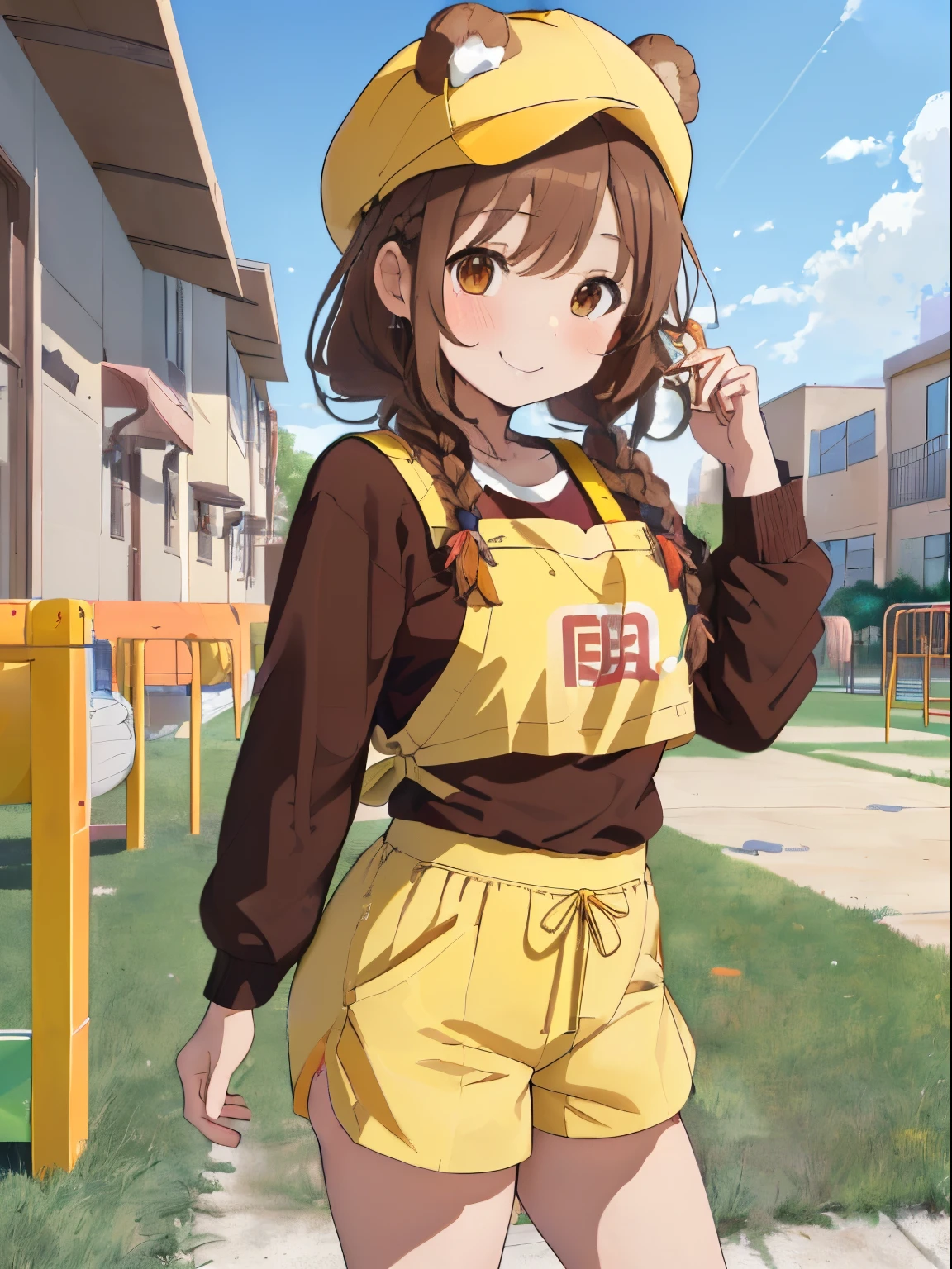(Schoolyard with lots of play equipment for children),((A building with a colorful and cute exterior)),fluffy hair,dark brown hair,((Braided shorthair)),Slightly red tide,((Brown eyes)),((Pure White Long Sleeve T-Shirt)),bear pattern apron,((culotte type shorts)),((( teacher))),(kindergarten),((kindergarten yellow hat)),kindly smile,((Woman)),