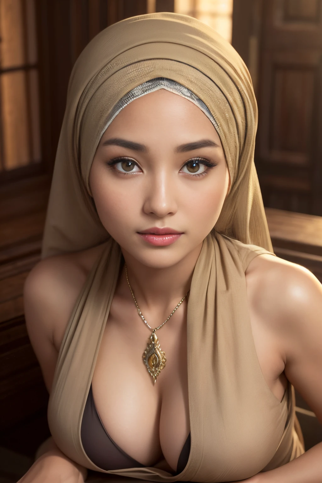 nsfw,javanese, tombraider, topless, hijabi, Absurd, ultra-detailed, high quality, masterpiece, detailed face, beautiful eyes(detailed eyes), goddess of the hearth and home, gentle and graceful, face exudes warmth and kindness, eyes described as soft and comforting, gentle and steady gaze, overall appearance is simple and modest, The fabric of her garments is usually depicted as soft and earth-toned, beauty lies not in extravagant adornments, Her smile is serene and welcoming