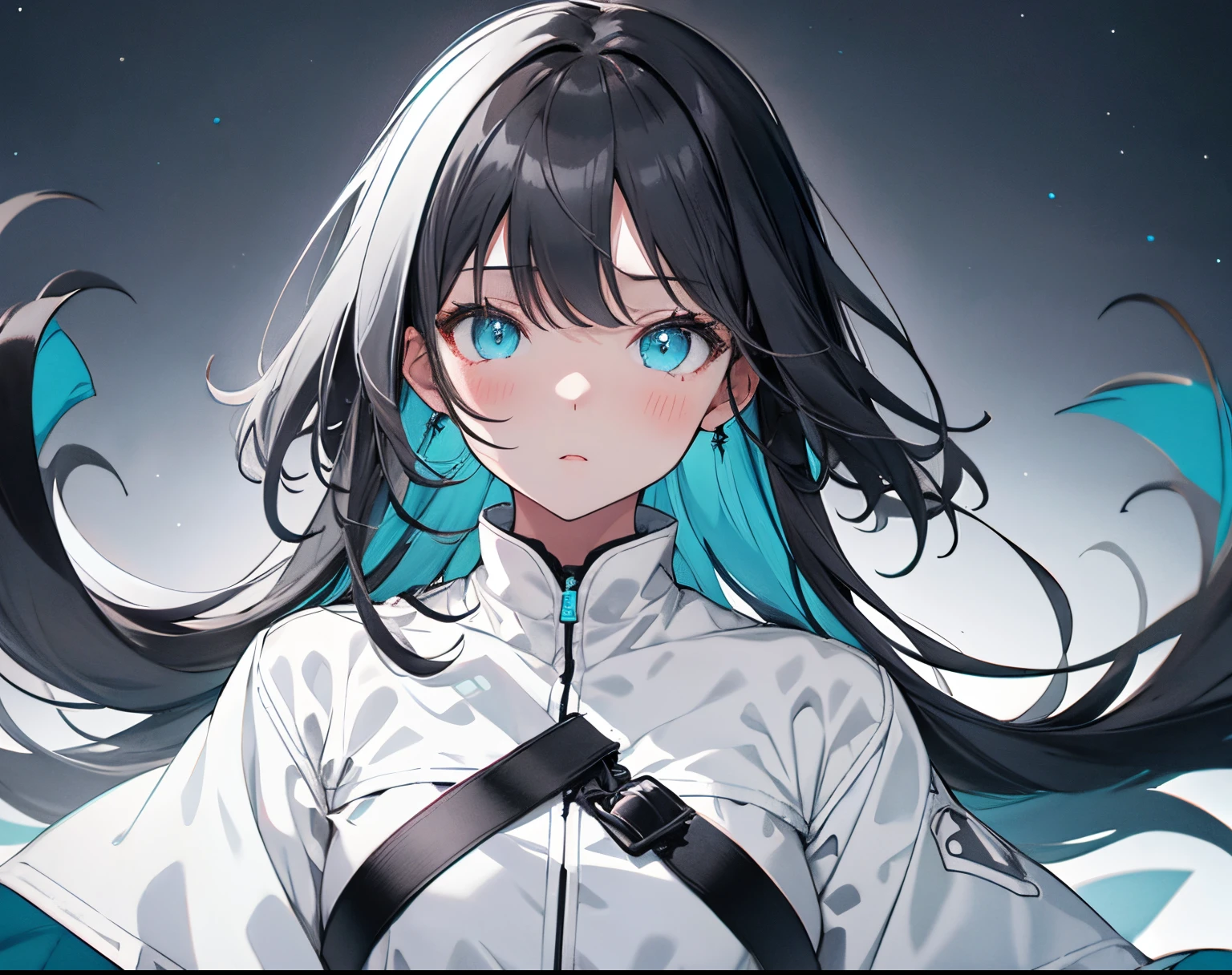 【Highest Quality, masutepiece】 [girl, Manteau, expressioness, turquoise eyes, front facing, Black hair, Upper body] (Gray white background:1.4),(night sky background:1.3