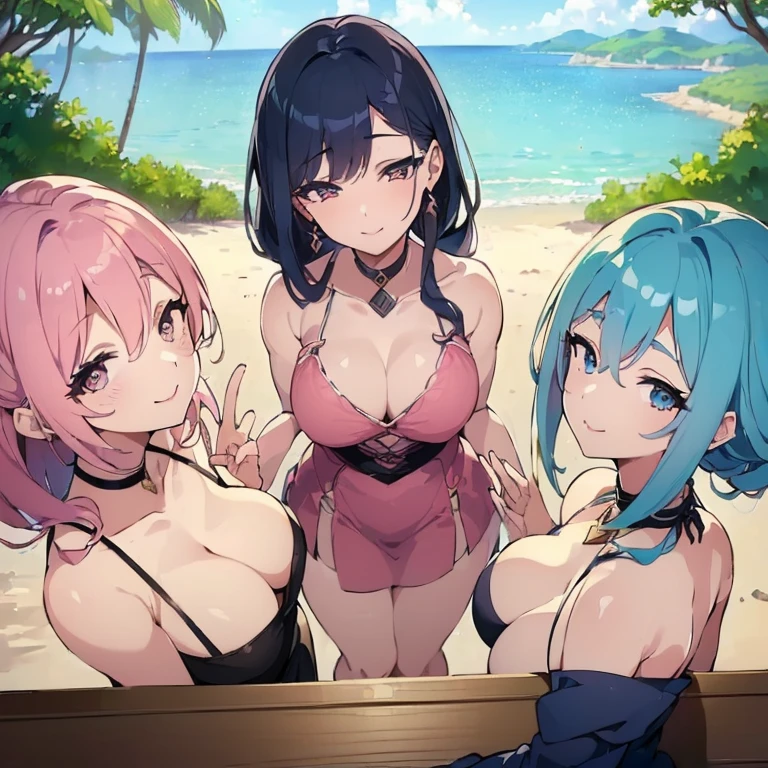 ((top-quality 8K Masterpiece:1.4)) ((3 beautiful mature women aged 35)) Upstyle Blue-haired Thin eyebrows drooing eyes serene expressions、Gentle smile、Soft eyes、Plump、Okame natural make up Light pink lipstick Smile, ((tight backless dresses in different colors)) View from the back Stand with your back straight (View from a distance) ((Self-perspective)) Party Venue