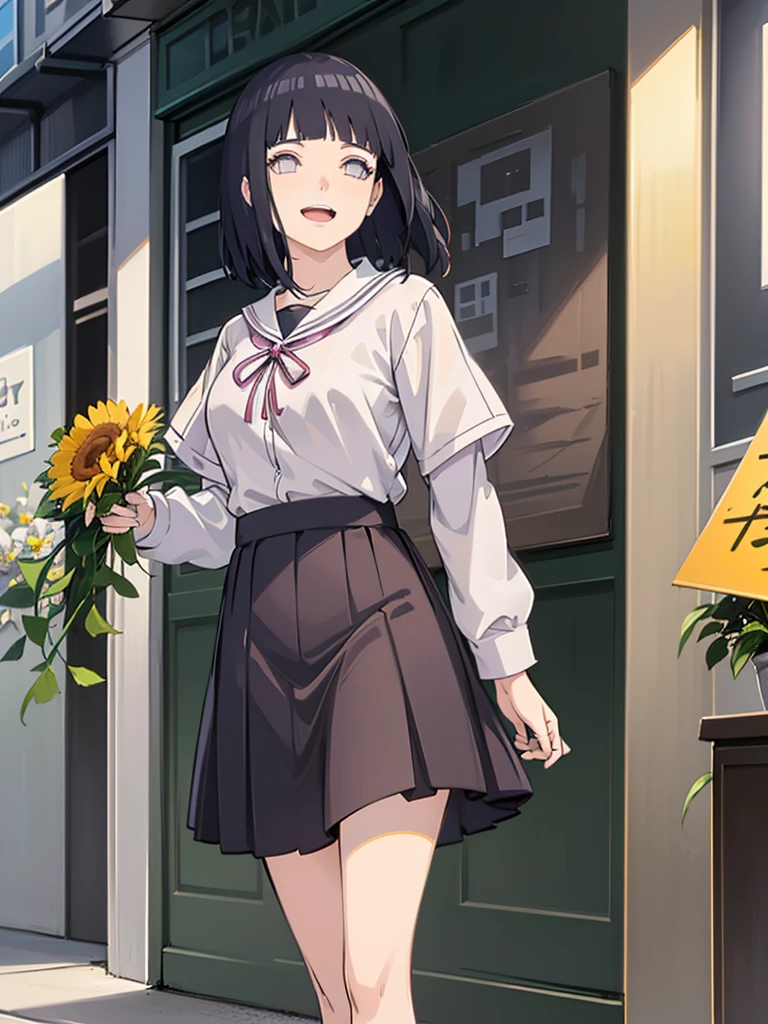 A girl dressed in a vibrant and colorful outfit, wearing a pleated skirt that sways with every step she takes. The artwork showcases her joyful and playful personality as she stands amidst a colorful array of blooming flowers. Her outfit features a mix of bright and cheerful hues, reflecting her vibrant spirit. The pleated skirt adds a touch of elegance and movement to her ensemble, creating a sense of whimsy. The scene is adorned with an abundance of flowers, filling the air with their sweet fragrance and vibrant colors. The combination of the girl's colorful attire and the surrounding blooms creates a visually captivating and cheerful image., hinata, long hair, beautiful