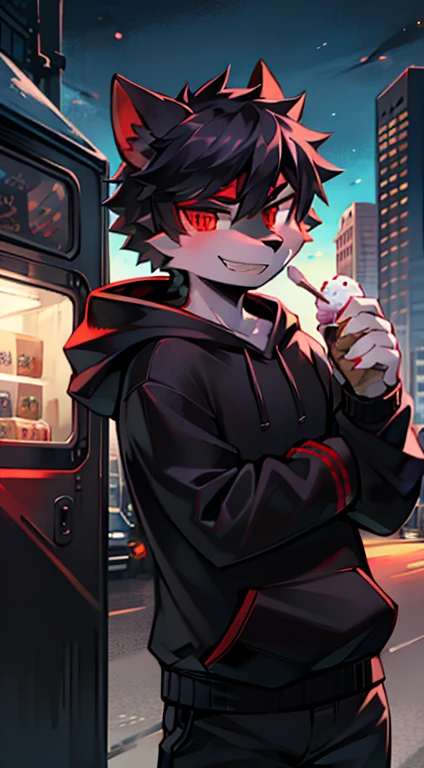 Alone, beast wild, Gay men, Black hair, red eyes, , Wear a black hoodie, Wear black pants, look at a camera, smiling with teeth, Grab ice cream with right hand, Standing in front of the ice cream truck, Park and city background, midnight death stare