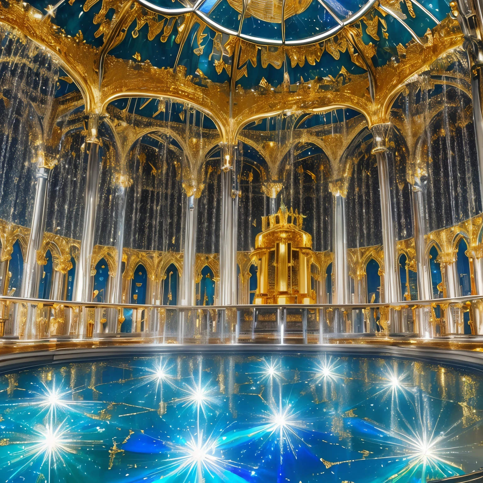 water fountains, water mists, colorful shining jewels rain down, super high quality, 8k, RAW photo, realistic, detailed and delicate depiction and flashy and dynamic painting method, fantastic depiction, kaleidoscope, water fountain of medieval architecture, shining jewel, iridescent particles dancing around, (shiny gold plated, shiny silver plated:1.7), iridescent, professional flare lighting