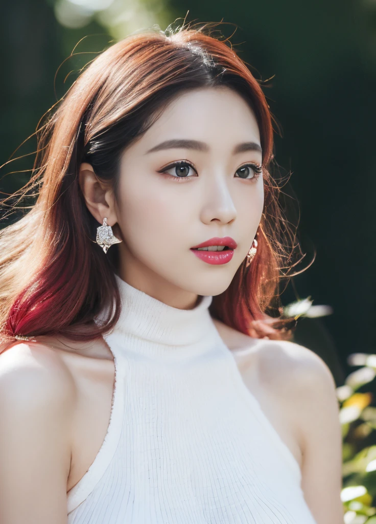 (Female, 22 years old), (Medium big breasts:1.3), rose garden、Lots of red roses on the background、 ((Grab the viewer's hand)), (​master piece: 1.3), (max resolution: 1.4), (UltraHD: 1.2), cinematric light, UltraHD, (Detailed eyes and skin), (detailed facial features), nffsw, 8K分辨率, Perfect Style, beautiful countenance、Highly detailed facial and skin texture、A detailed eye、二重まぶた、（dark eyeshadow and eyeliner:1.2)、thin cheeks、(fair white skin:1.5)、shiny earrings,Red Rouge:1.2、shiny lip:1.2、((FULL BODYSHOT:1.2))、((From a very intimate distance:1.2))、((Navy high neck knit dress))、high-heels、(Layered Hair Style、Pink hair)、medium-Long hair、(seek a kiss:1.2)