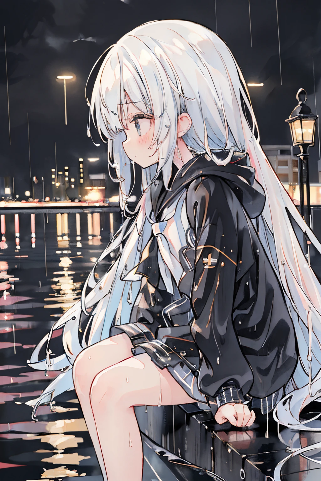 absurderes, hight resolution, (Anime style:1.1), ((masutepiece)), ((Best Quality)), (Ultra-detailed), (Beautiful),Beautiful face、(liftup),Cute little girl s、Wet hair、My hair is wet、Long、White hair、Black jacket、cool jacket、Rain、Wearing a hood、I have my hands in my pockets、night cityscape、neons、near future(((neons、Hair is wet、Wet hair、Rain、rain is falling、Sateen)))、natta、((a sailor suit))Black sailor suit、I'm sitting、(((((Lateral face、profile、)))))((((((((The upper part of the body))))))))