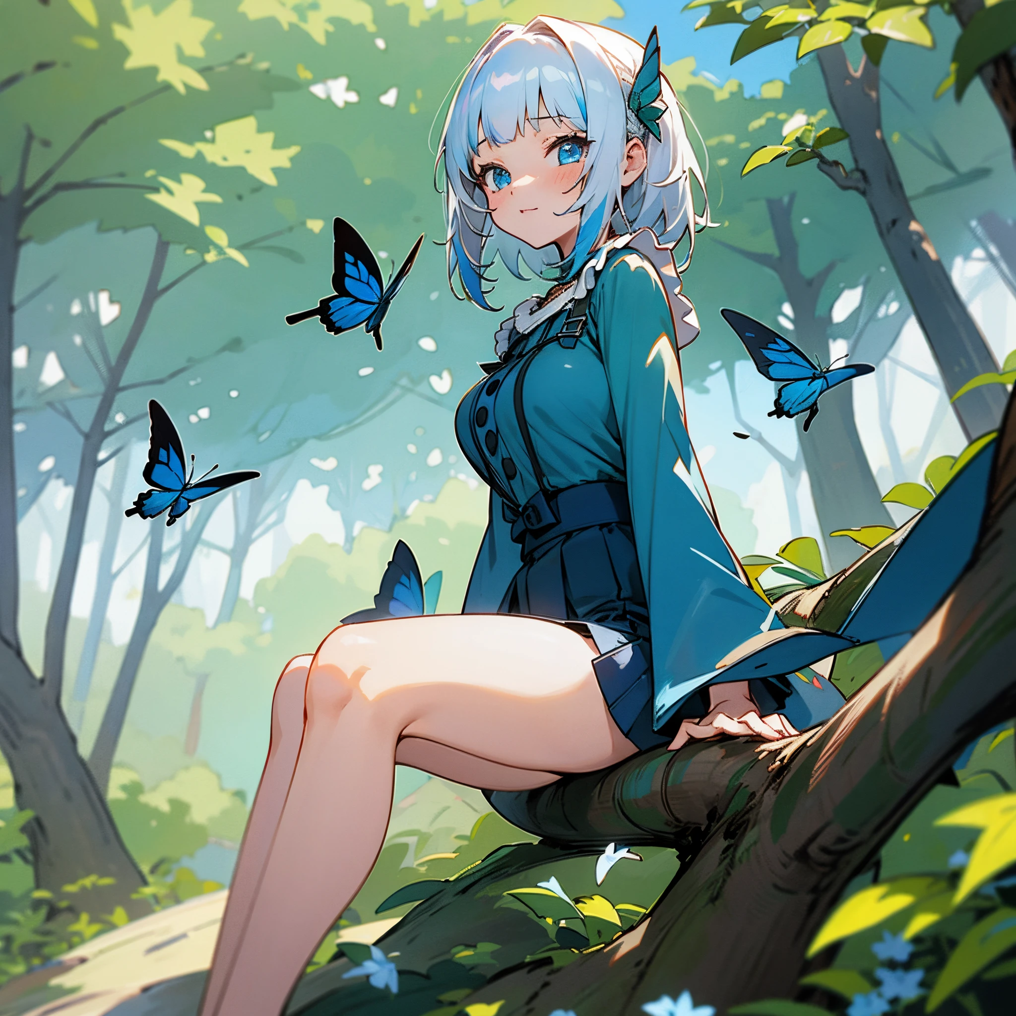 bit girl，Gamine，Cute big breasts，Sit on a tree，butterflys，sunny clear sky，at a forest，Blue-white hair，SakuraNS