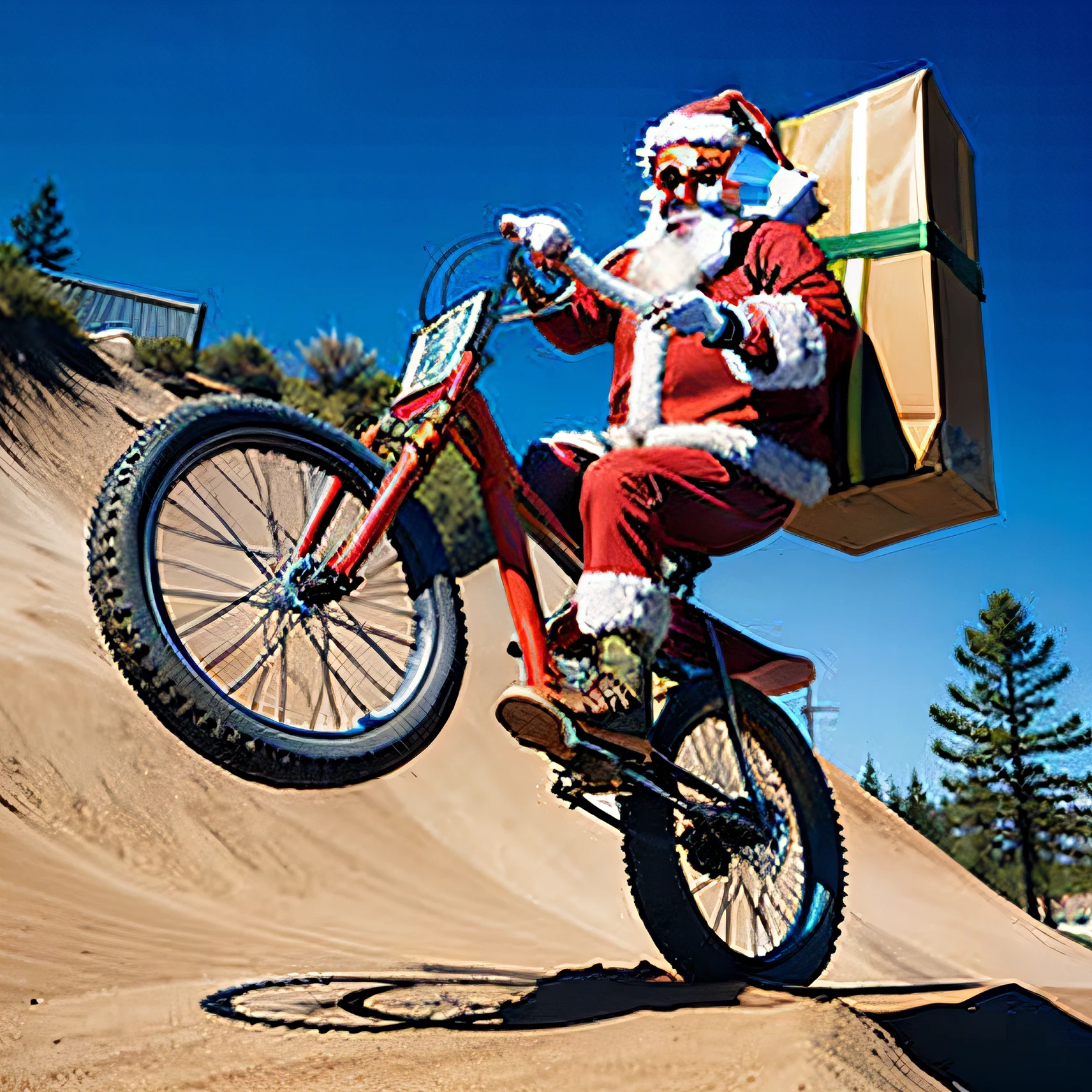 Santa Claus riding a bmx bike on a dirt ramp with a smile on his face and a bag of gifts on the coast