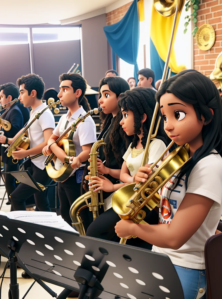 arafed group of people playing instruments in a room, a portrait by Willian Murai, instagram, antipodeans, sousaphones, orchestra, real sousaphones, band playing, band playing instruments, masterful composition!!!, sao paulo, unknown artist, festival, musicians playing instruments, eloy band, band, album photo, music is life