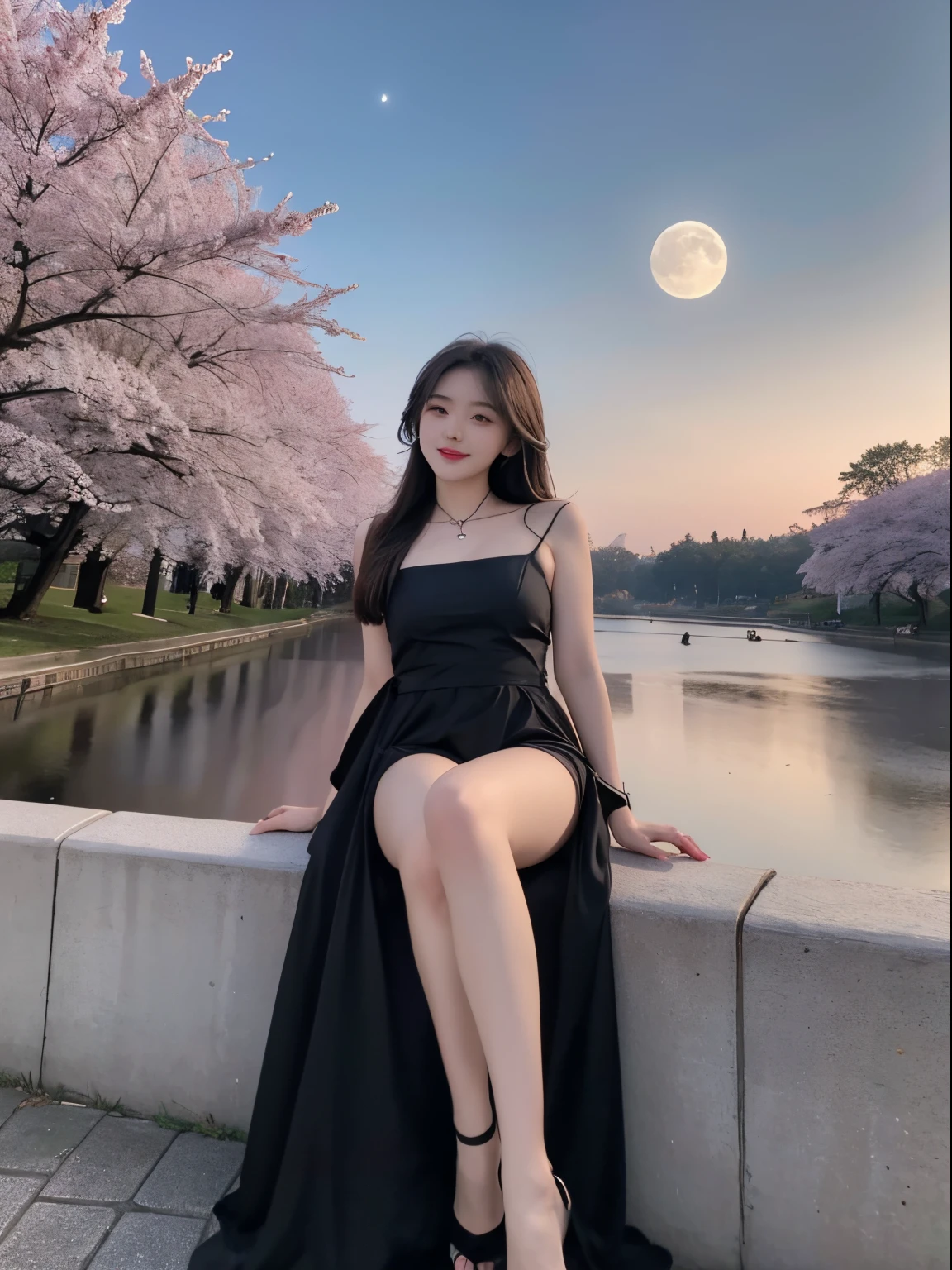 tmasterpiece, Best quality, Detailed pubic hair, 1 busty girl, Alone, nigh sky, Outdoor sports, moon full, As estrelas, cloud, natta,, Dark cherry blossoms, (Black dress), Long gray hair, evilsmile, Red belt, There are striped ones, upper legs