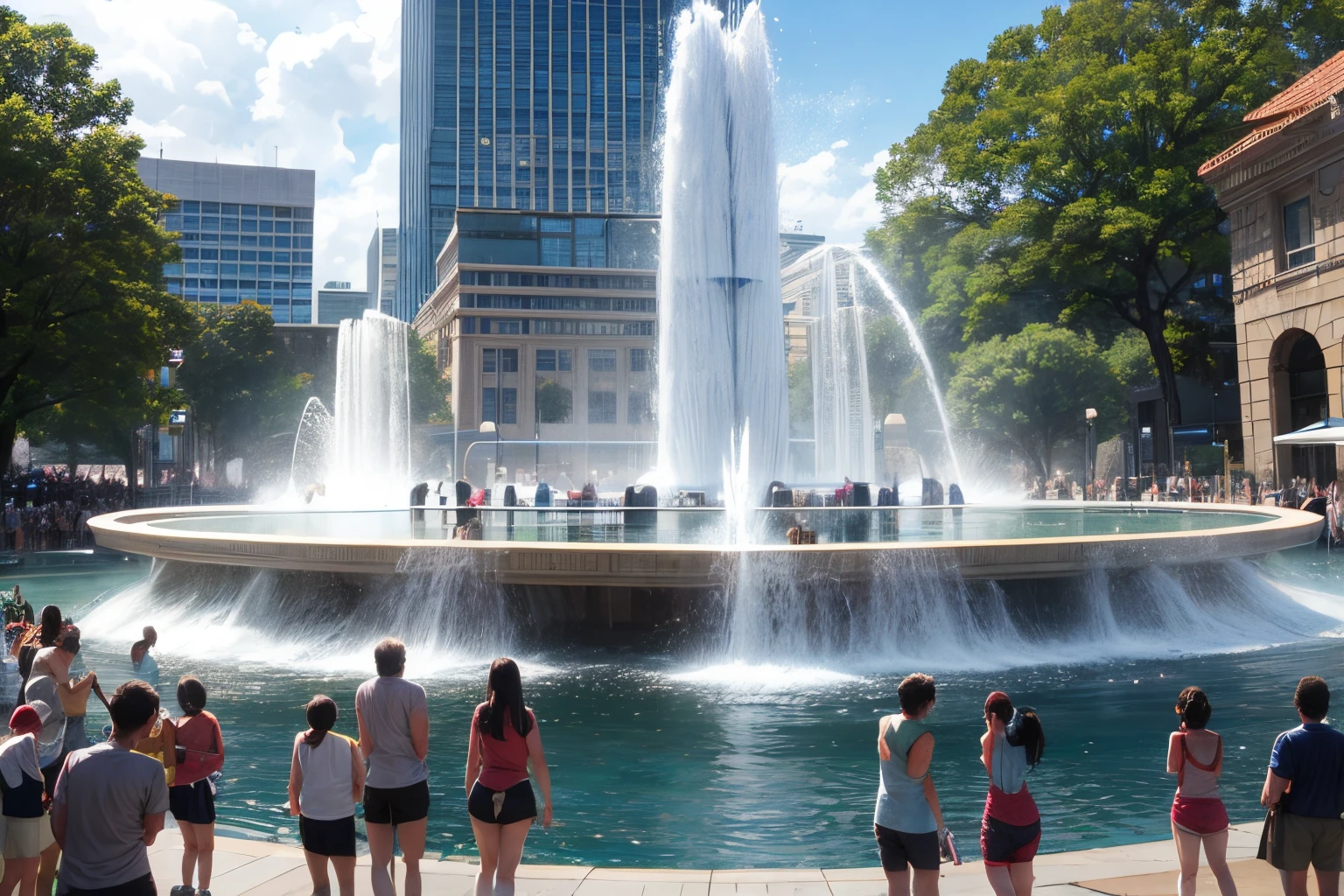 Lots of people are entering the fountain to cool off.
There are many people getting wet in the fountain.