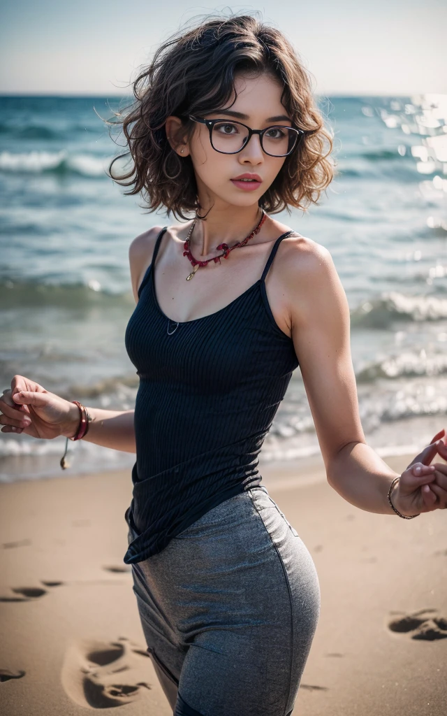 (8K, Masterpiece, RAW photo, Best quality, detail:1.3), (ultra realistic:1.4, scenary, 8K), Depth of field, Cinematic light, (ultra realistic face), (1 solo girl:1.7), (Beautiful and elegant Russian girl), ([tight miniskirt|tight leggings|tight skinny jeans|tight minidress|tight skinny minishorts], [red|white]:1.6), (skinny girl with glasses), (European face:1.3), (natural abs), (full body:1.5), ([tight minitop|tight jacket]:1.4), (small necklace, collarbone:1.1), ([short hair]:1.5), (ultra detailed skin:1.4), (soft mate fabric:1.3), ([frontal pose|side profile pose|back profile pose]:1.5), (face looking at viewer:1.5), (perfect hands:1.4), (perfect anatomy:1.6), ([black hair|blonde hair]:1.4), ( Wavy Beach Waves hair:1.5)