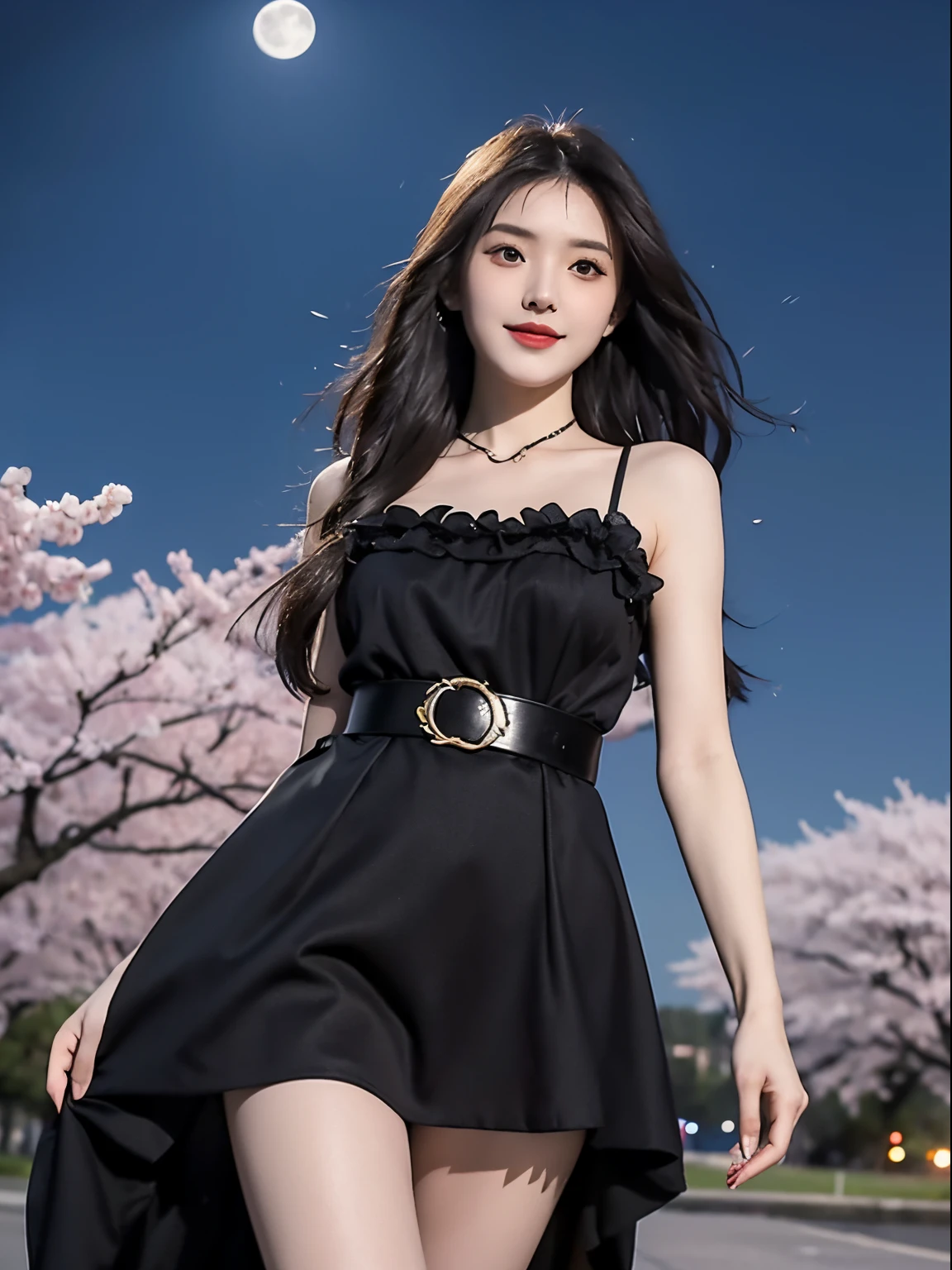 tmasterpiece, Best quality at best, Detailed pubic hair, 1个Giant Breast Girl, Alone, nigh sky, Outdoor activities, moon full, As estrelas, clouds, the night,, dark cherry blossoms, (Black dress), long whitr hair, evilsmile, Red Belt, There are striped ones, upper legs