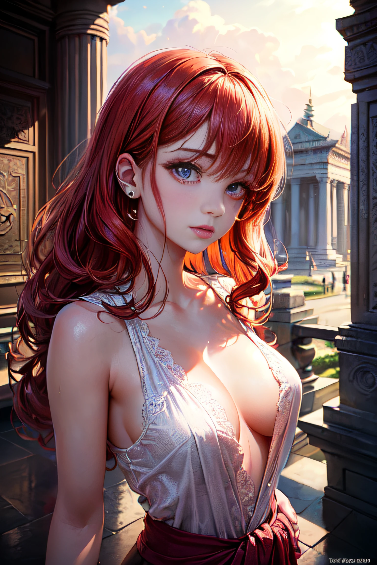 ((masterpiece, best quality)), ((highly detailed eyes, bright eyes, beautiful eyes)), ((perfect face)), ((ultra-detailed)), ((1girl)), ((waist up portrait, yoga)), ((medium breasts)), ((fiery red hair)), elegant evening gown, vintage curls, ancient temple, violet eyes, ((unforgettable)), (piercing eyes), ((captivating)), ((confident mood))